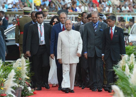 The President of India, Shri Pranab Mukherjee attending the celebration of 45th Anniversary of Independence of Mauritius at Anjalay Stadium in Mauritius on March 12, 2013. The President of Republic of Mauritius, H.E. Mr. Ra