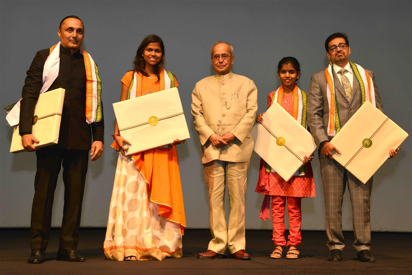 The President of India, Shri Pranab Mukherjee with artists after witnessing the special screening of the Film 'Poorna' at Rashtrapati Bhavan Auditorium on March 25, 2017.