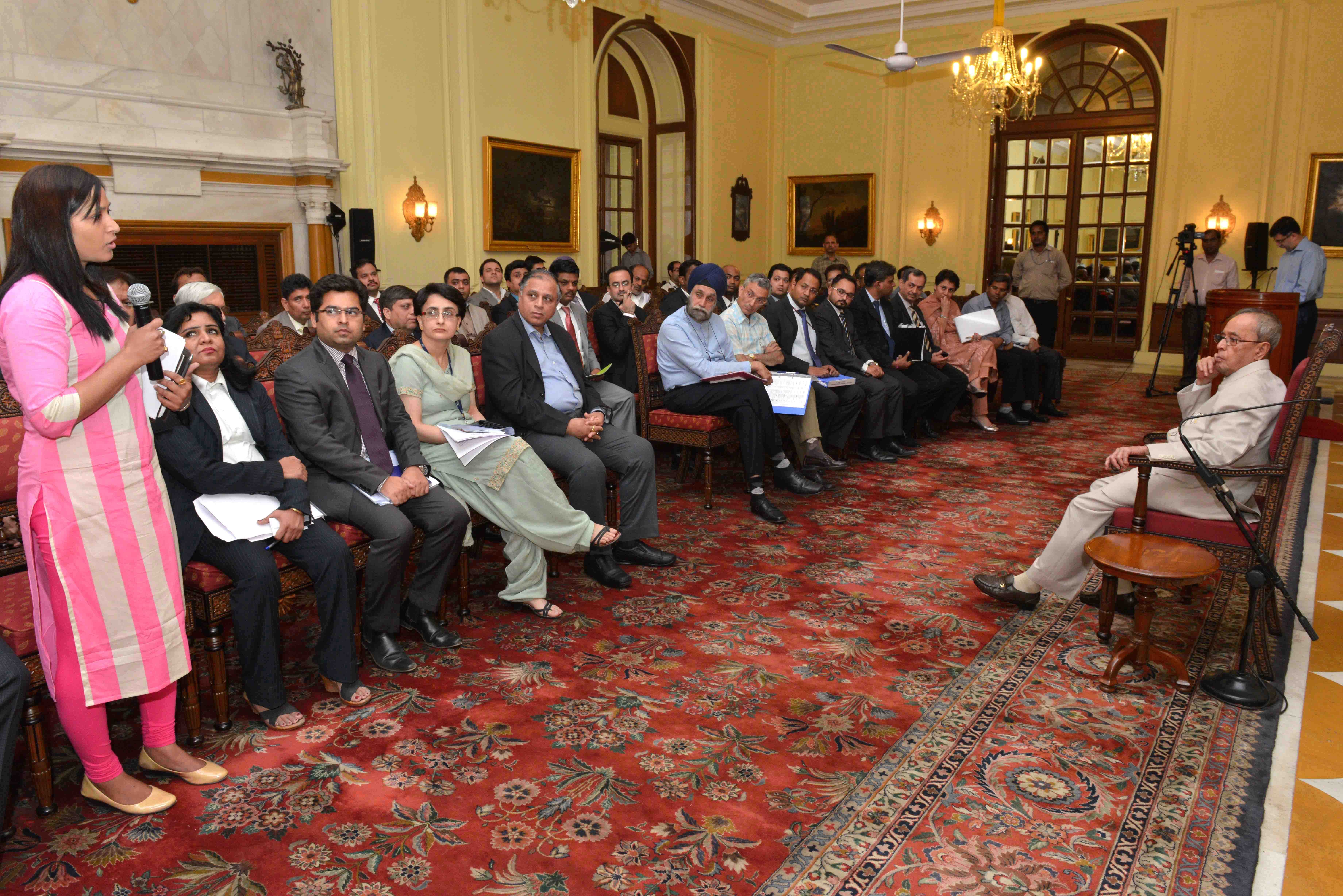 The President of India, Shri Pranab Mukherjee meeting the Business Delegation for the President's State visits to Sweden and Belarus at Rashtrapati Bhavan on May 28, 2015.