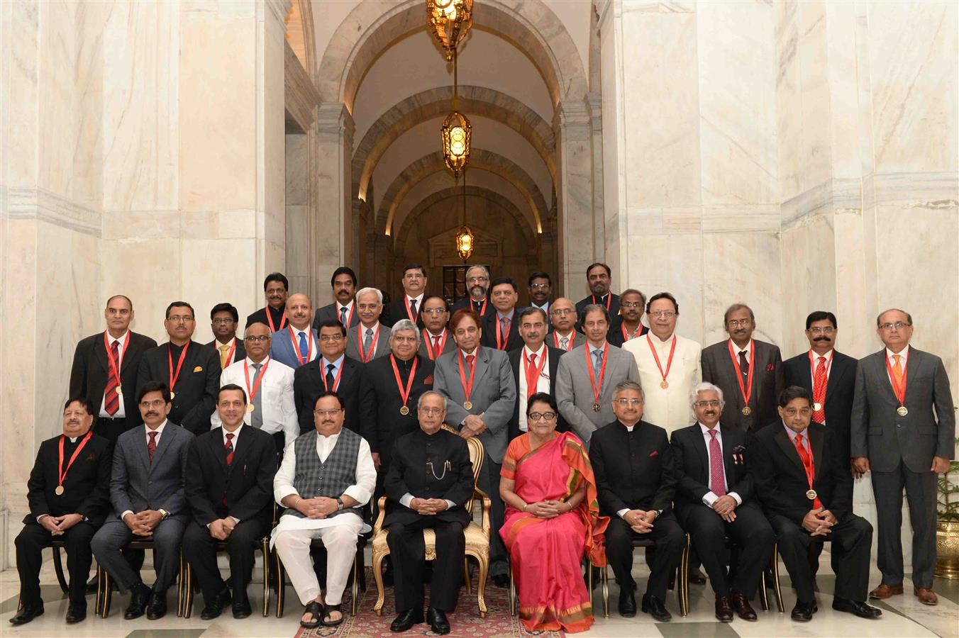 The President of India, Shri Pranab Mukherjee with recipients of Dr. B.C. Roy national award for the year 2014,2015 & 2016 and Hari Om Ashram Alembic Research Awards for the years 2008,2009,2010,2014,2015 & 2016 at Rashtrapati Bhavan on March 28, 2017.