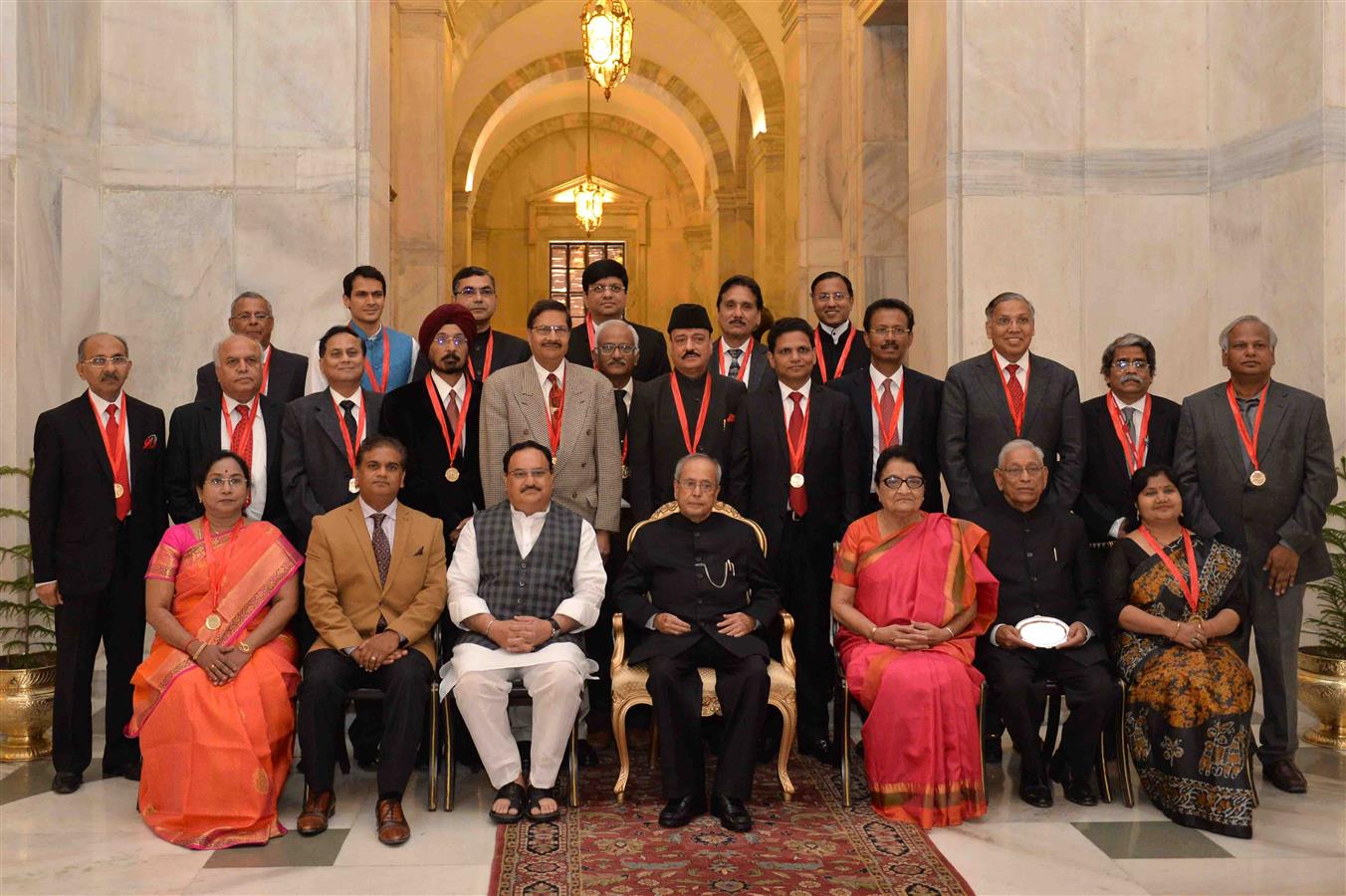 The President of India, Shri Pranab Mukherjee with recipients of Dr. B.C. Roy national award for the year 2014,2015 & 2016 and Hari Om Ashram Alembic Research Awards for the years 2008,2009,2010,2014,2015 & 2016 at Rashtrapati Bhavan on March 28, 2017.