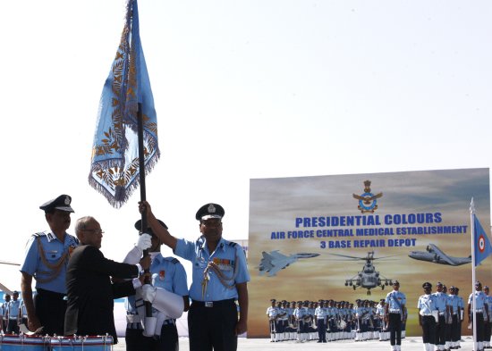 The President of India, Shri Pranab Mukherjee during the presentation of Colours to the Air Force Central Medical Establishment (AFCME) and 3 Base Repair Depot (BRD) at Chandigarh in Punjab on March 15, 2013.