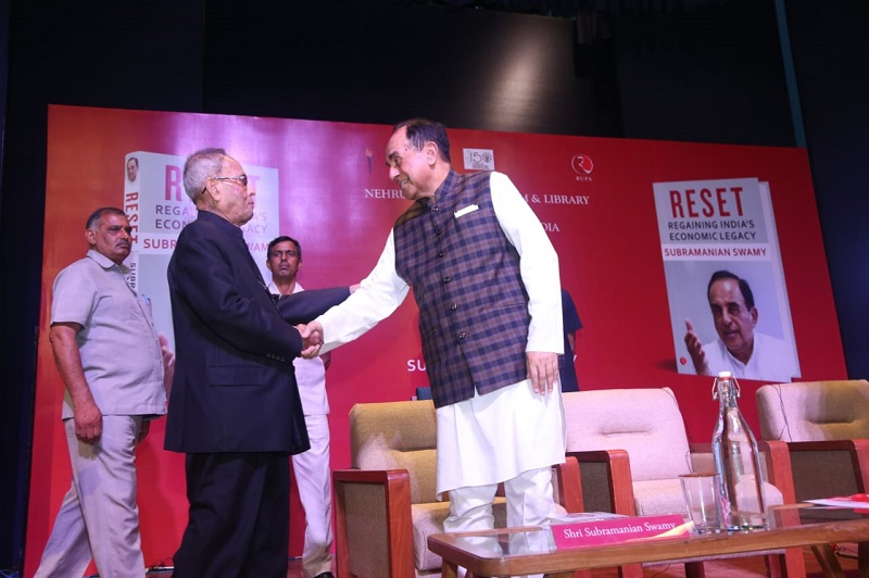 The Former President of India, Shri Pranab Mukherjee with Shri  							  Subramanian Swami on the Inauguration of his book at Teen Murti Bhavan  							  in New Delhi on September 25, 2019.