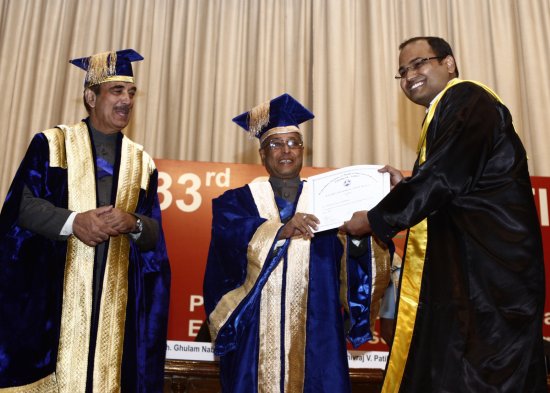 The President of India, Shri Pranab Mukherjee while presenting a degree to the student at the XXXIII Convocation of Postgraduate Institute of Medical Education & Research at Chandigarh in Punjab on March 15, 2013. The Union Minister of Health and Family W