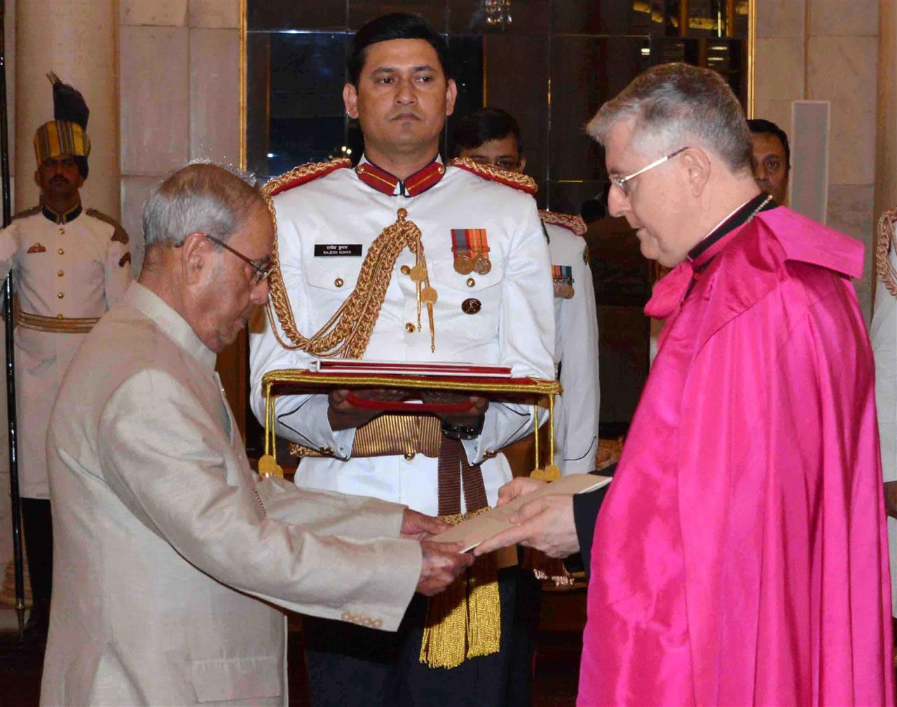 The Apostolic Nuncio of the Holy See, His Excellency Msgr. Giambattista Diquattro presenting his credential to the President of India, Shri Pranab Mukherjee at Rashtrapati Bhavan on March 29, 2017.