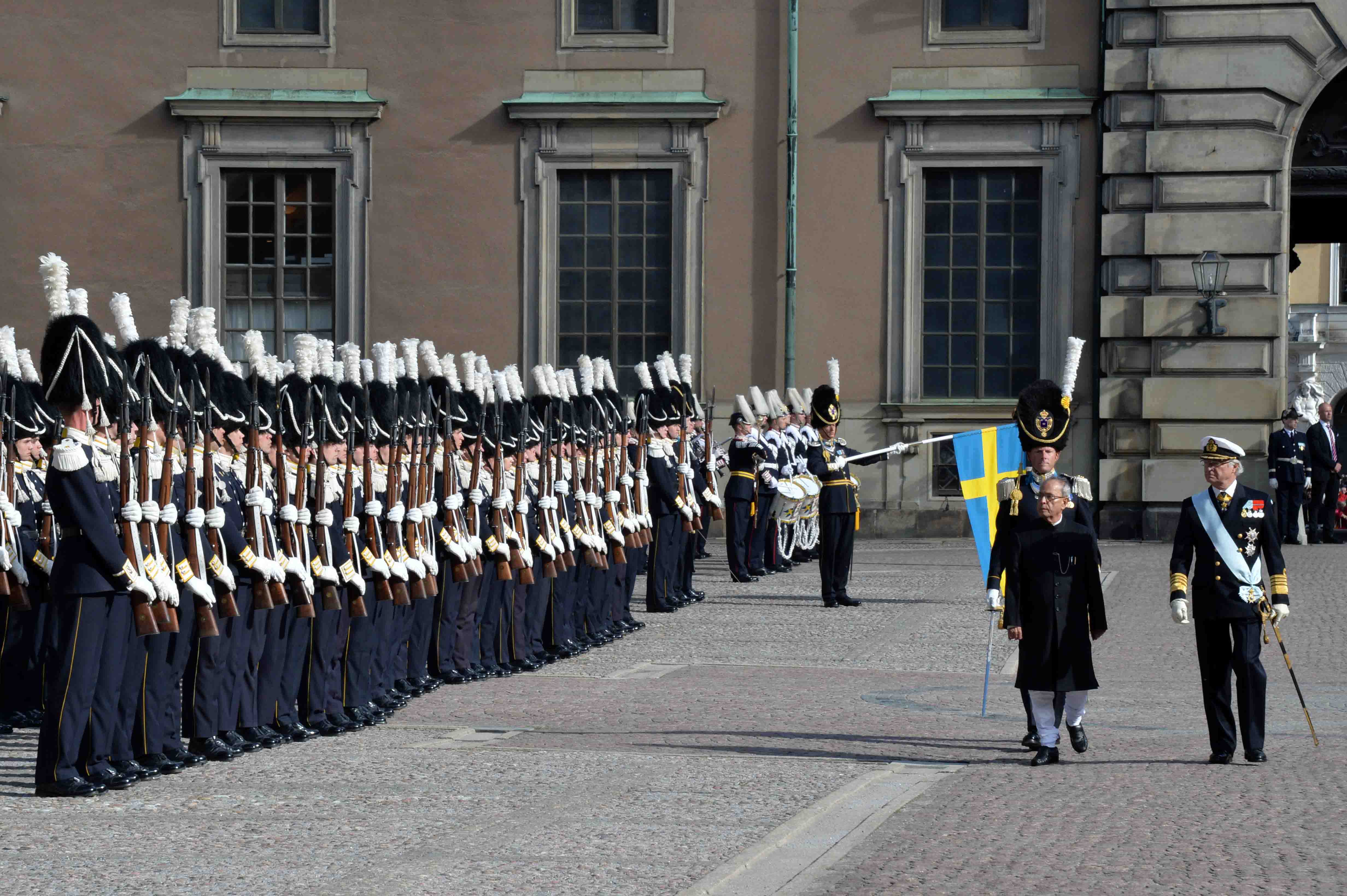 The President of India, Shri Pranab Mukherjee inspecting the Guard of Honour at Inner Courtyard of the Royal Palace escorted by H.M. King Carl XVI Gustf in Stockholm at Sweden on May 31, 2015.