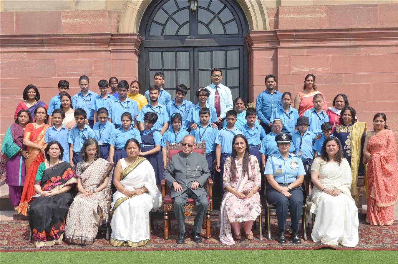 The President of India, Shri Pranab Mukherjee with the children and staff of Umeed Schools for Special Children run by the Indian Air Force at Rashtrapati Bhavan on April 7, 2016. 