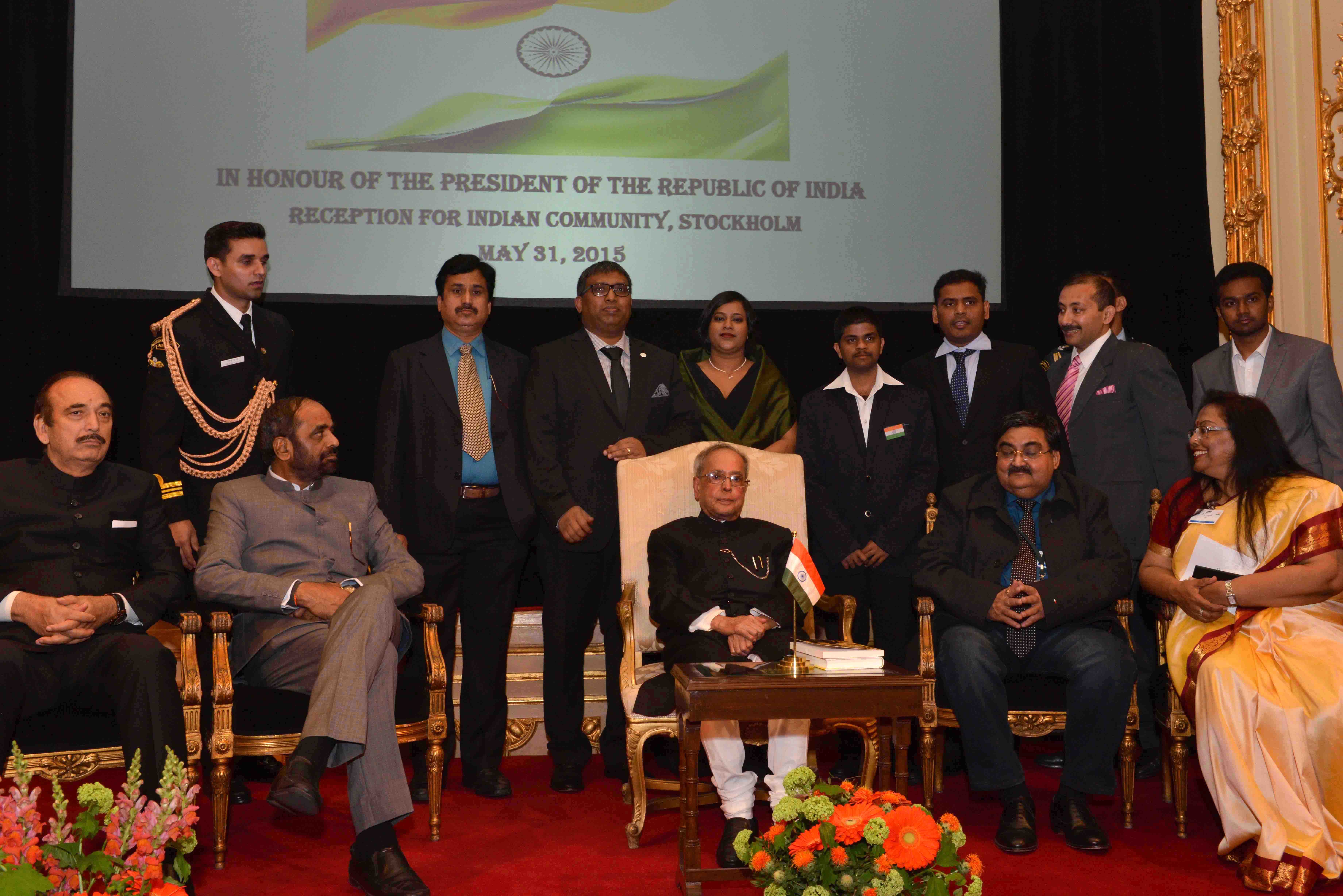 The President of India Shri Pranab Mukherjee with group of members of the Indian community at the Hotel Grand at Sweden on May 31, 2015 during the Reception hosted by the Indian Ambassador to Sweden.