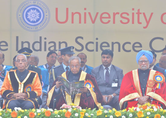 The President of India, Shri Pranab Mukherjee at the inaugural function of the 100th session of Indian Science Congress at Salt Lake Stadium in Kolkata, West Bengal on January 03, 2013. Also seen are (left to right) the Governor of West Bengal, Shri M.K.