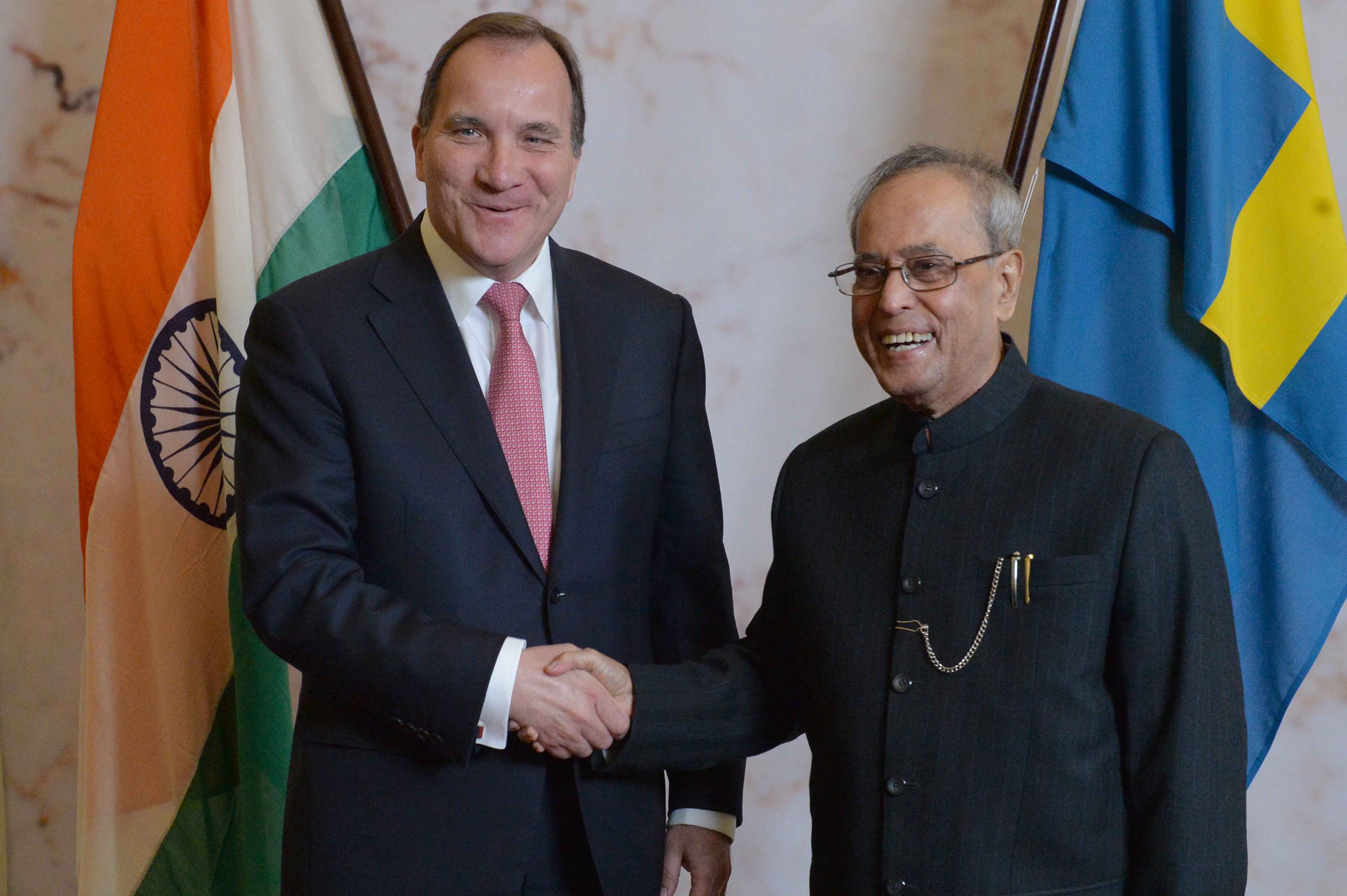 The President of India, Shri Pranab Mukherjee, meeting the Prime Minister of Sweden, H.E. Mr. Stefan Lofven Stockholm in Sweden on June 1, 2015.