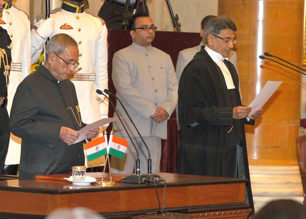 The President of India, Shri Pranab Mukherjee administering the oath of office to Shri Justice Rajendra Mal Lodha as the Chief Justice of the Supreme Court of India at the swearing in ceremony in Darbar Hall of Rashtrapati Bhavan in New Delhi on April 27, 