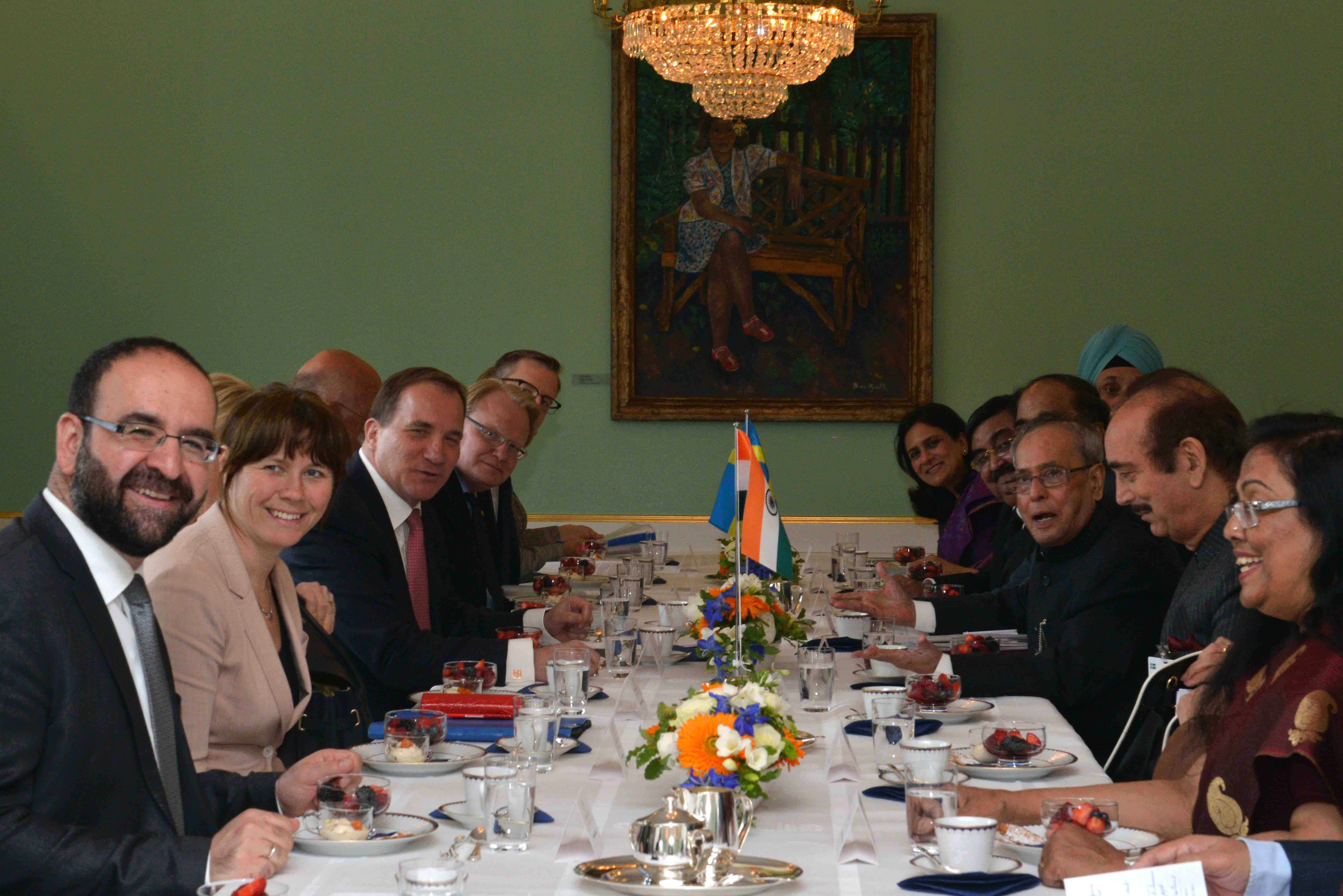 The President, Shri Pranab Mukherjee and the Prime Minister of Sweden, H.E. Mr. Stefan Lofven, at the delegation level talks at Stockholm in Sweden on June 1, 2015.