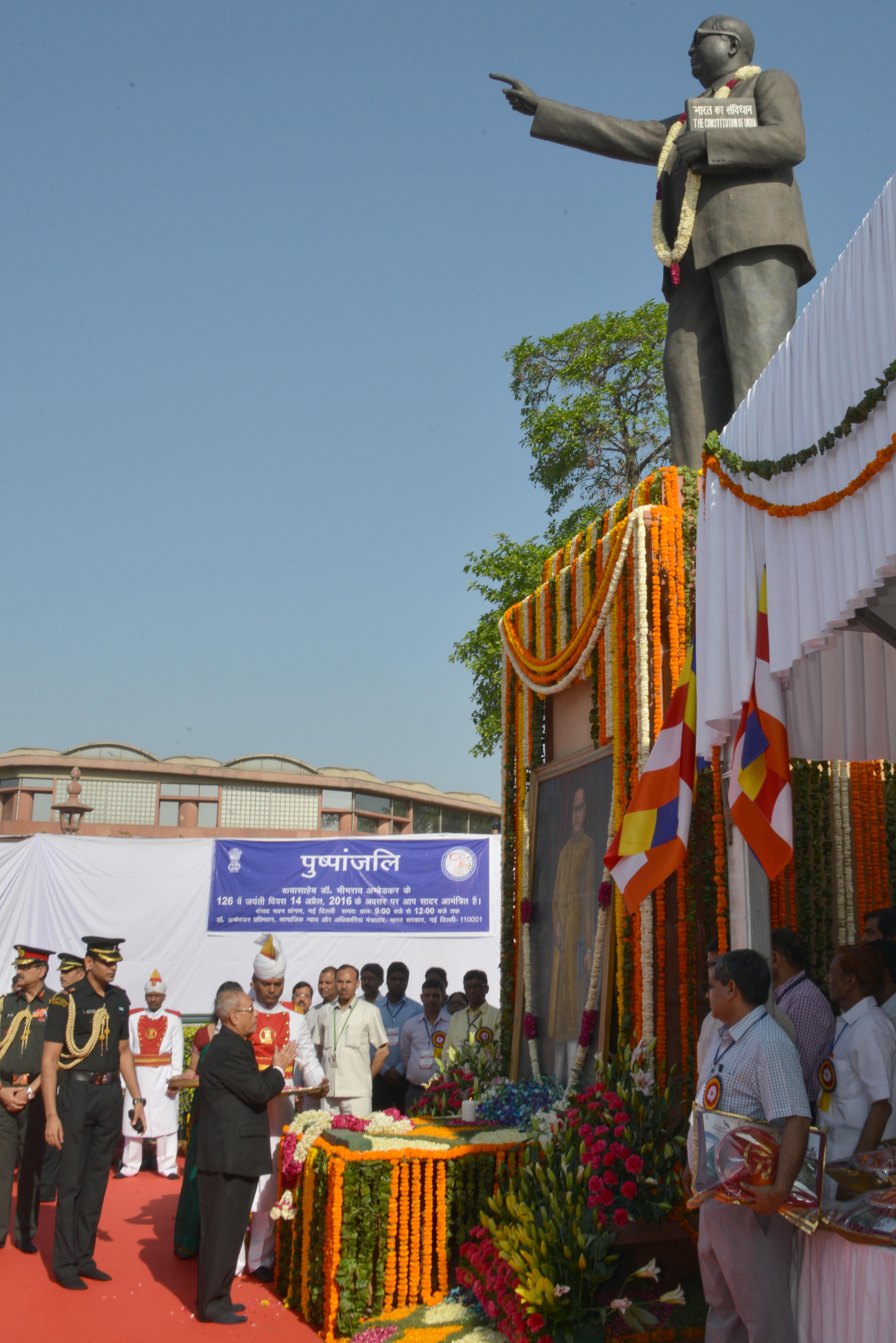 The President of India, Shri Pranab Mukherjee paying floral tributes at the statue of Babasaheb Dr. BR Ambedkar on the occasion of his 125th Birth Anniversary at Parliament House Lawns on April 14, 2016. 