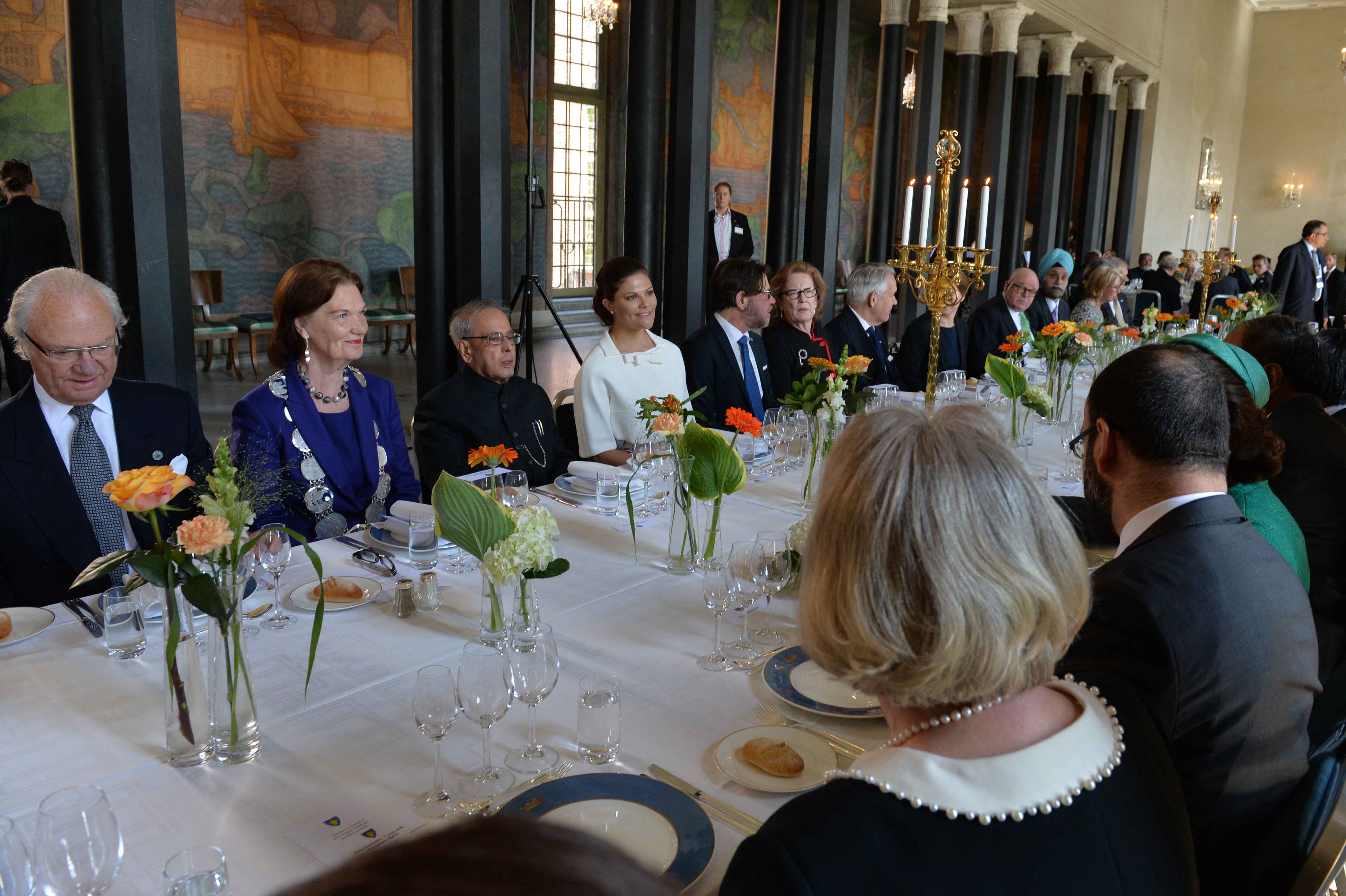 The President of India, Shri Pranab Mukherjee attending the luncheon co-hosted the Mayor of Stockholm, Ms. Karin Wanngard and the President of the Stockholm City Council, Ms. Eva Louise Erlandsson Slorach at Stockholm in Sweden on June 1, 2015.