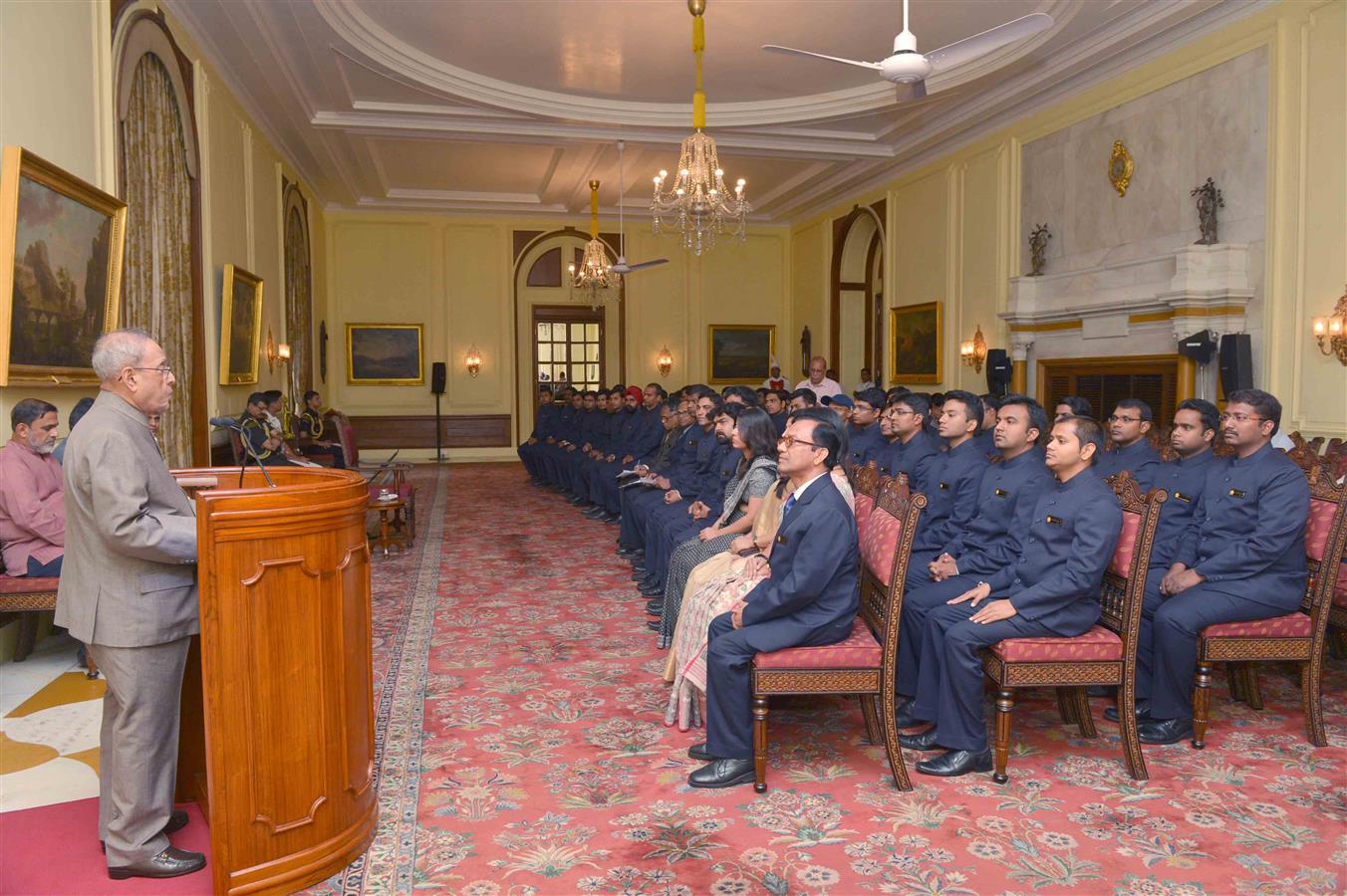 The President of India, Shri Pranab Mukherjee interacting with Probationers of Indian Ordnance Factories Service (IOFS) 2014 (II) Batch and 2015 (I & II) Batches from National Academy of Defence Production, Nagpur at Rashtrapati Bhavan on April 14, 2016. 