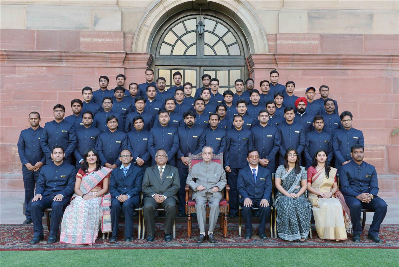 The President of India, Shri Pranab Mukherjee with Probationers of Indian Ordnance Factories Service (IOFS) 2014 (II) Batch and 2015 (I & II) Batches from National Academy of Defence Production, Nagpur at Rashtrapati Bhavan on April 14, 2016. 