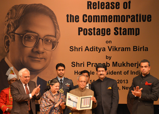 The President of India, Shri Pranab Mukherjee, releasing the Commemorative Postage Stamp on Shri Aditya Vikram Birla at Rashtrapati Bhavan Auditorium in New Delhi on January 14, 2013.