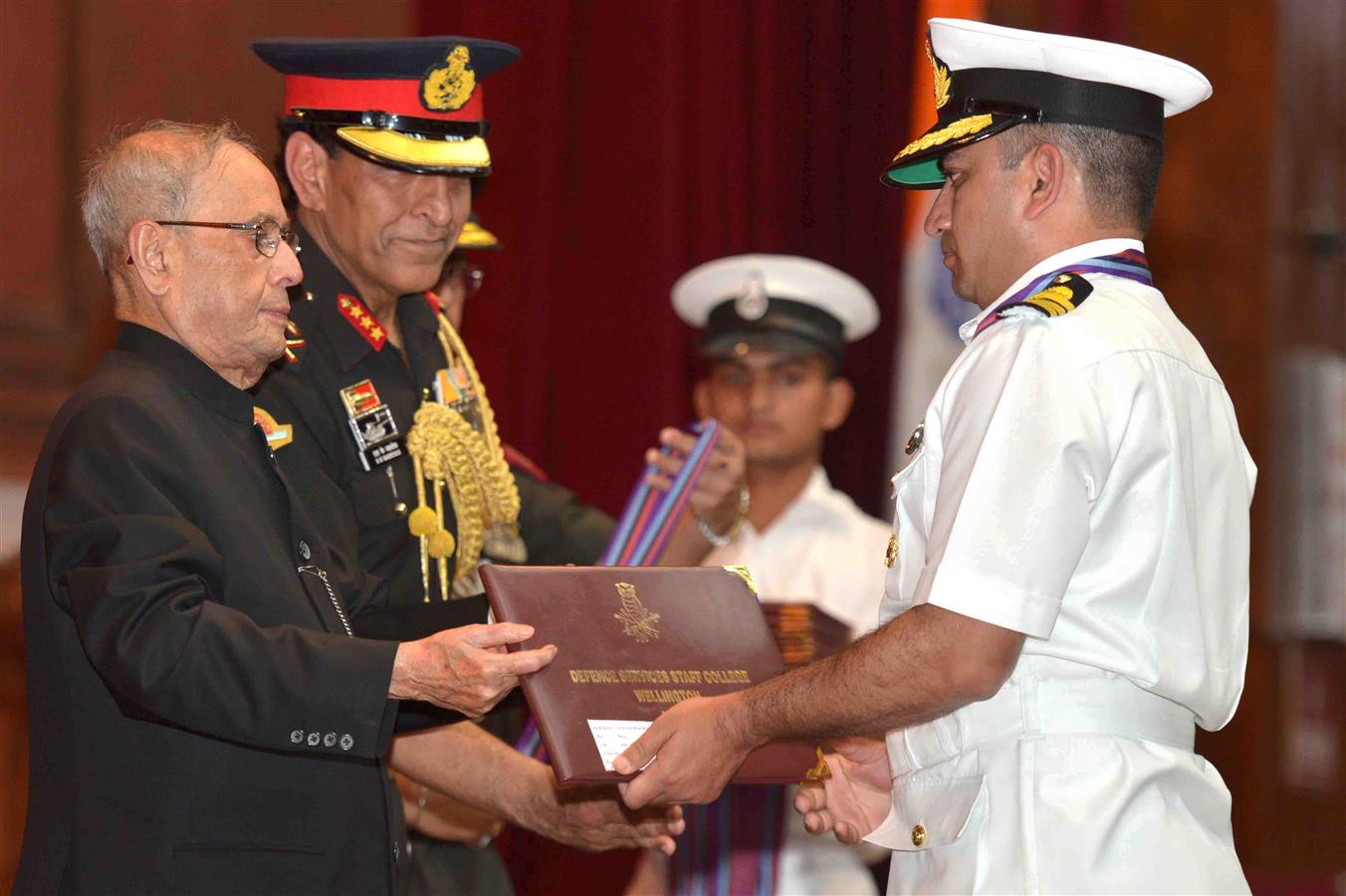 The President of India, Shri Pranab Mukherjee presenting the degree certificate to a student at the Convocation of the 71st Staff Course of Defence Services Staff College (DSSC) at Wellington, Nilgiris in Tamil Nadu on April 15, 2016. 