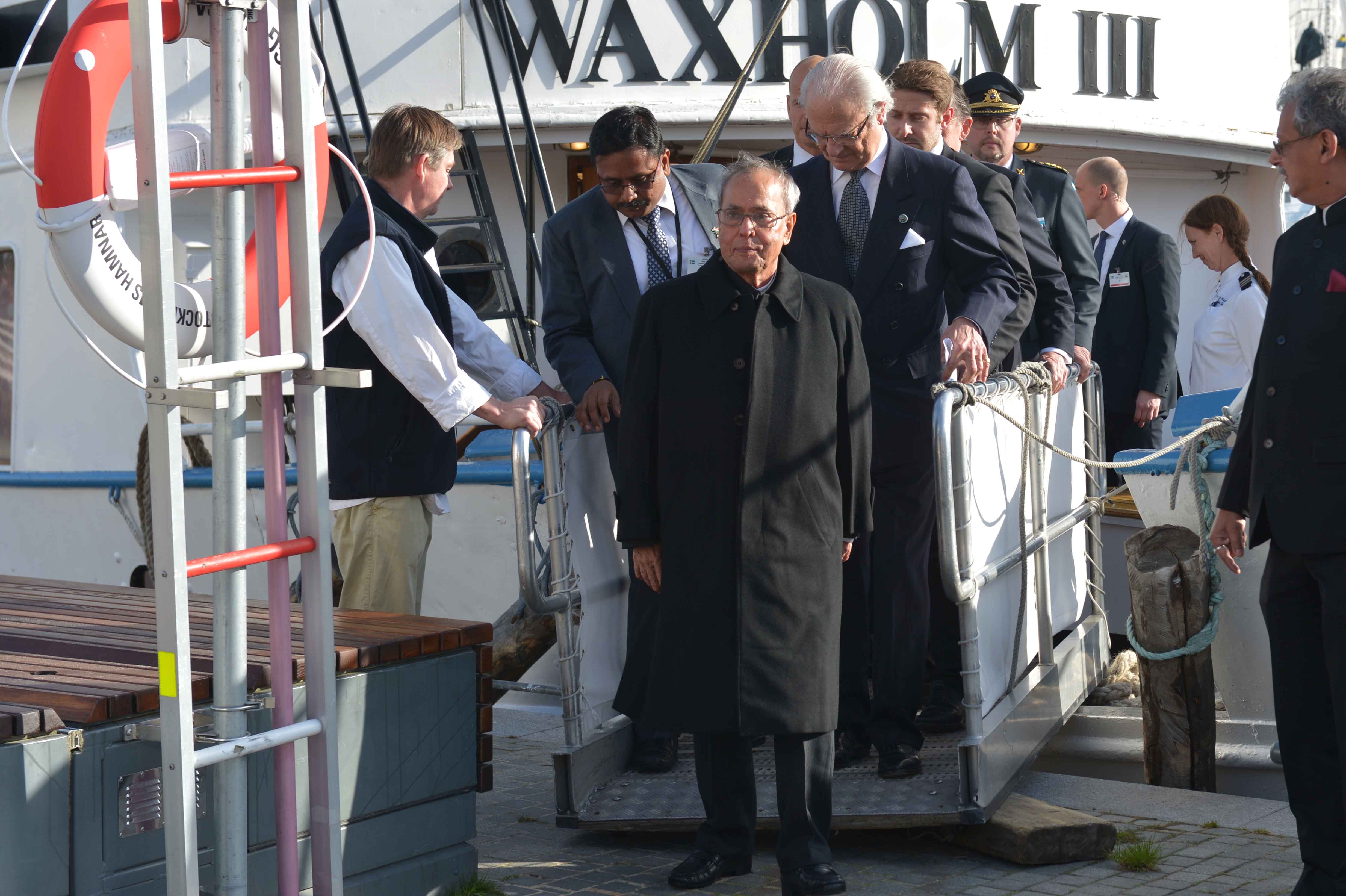 The President of India, Shri Pranab Mukherjee travelling by boat to visit Hammarby Sjostad city at Stockholm in Sweden on June 1, 2015.