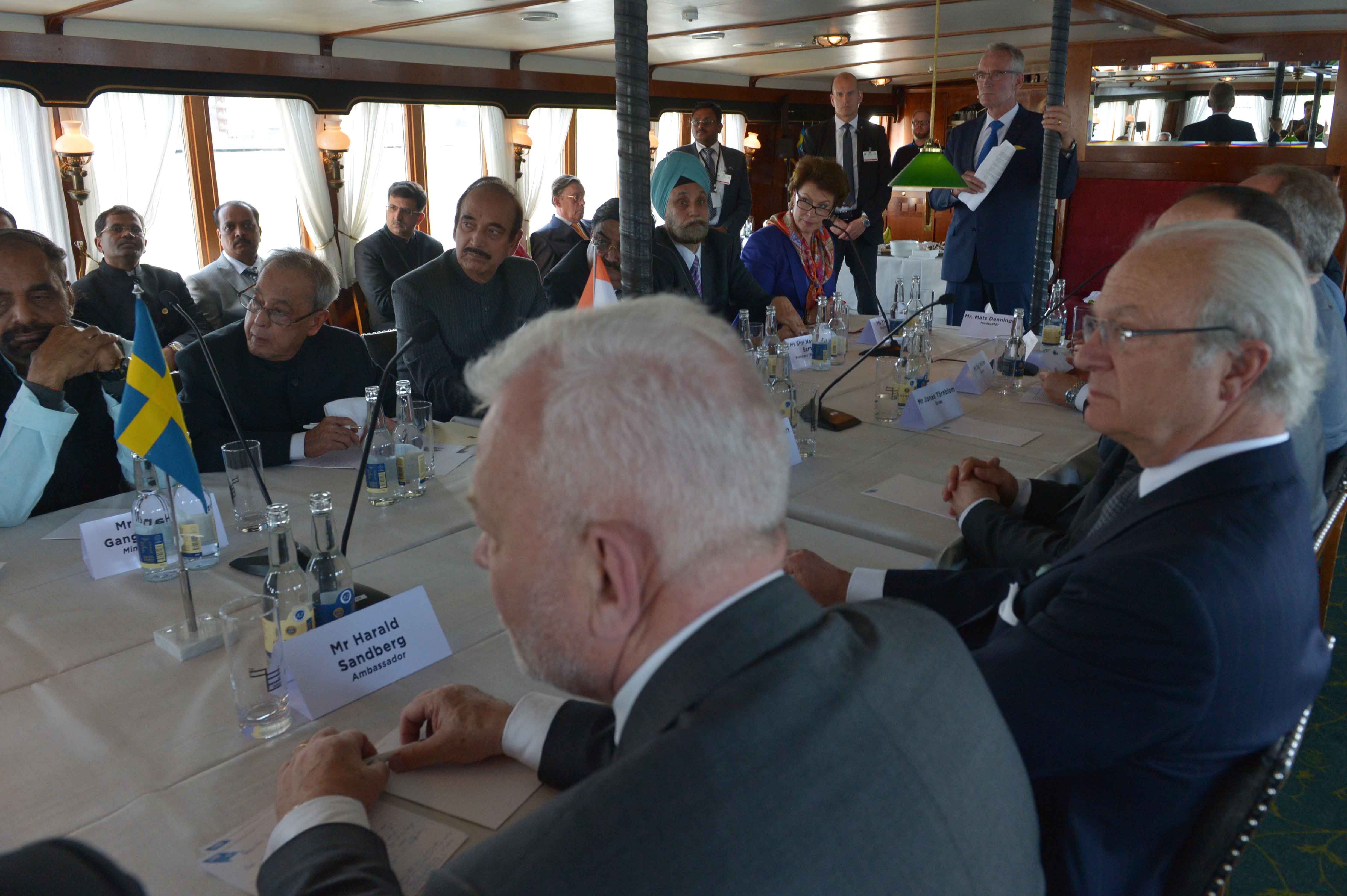 The President of India, Shri Pranab Mukherjee round table meeting with H.M. King Carl XVI Gustf with delegation at Stockholm in Sweden on June 1, 2015.