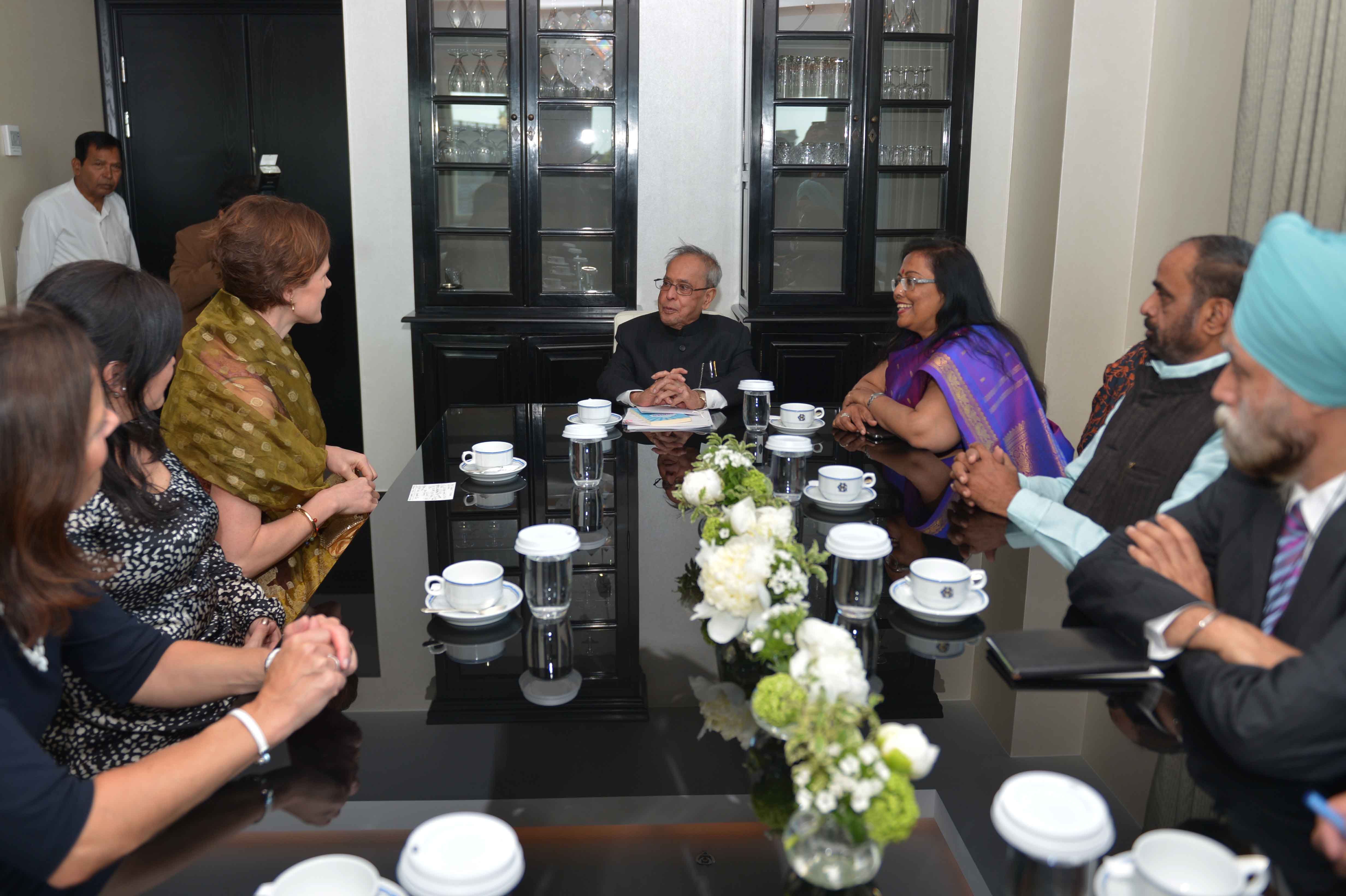 The President of India, Shri Pranab Mukherjee meeting the Leader of Opposition at Hotel Grand at Stockholm in Sweden on June 1, 2015.