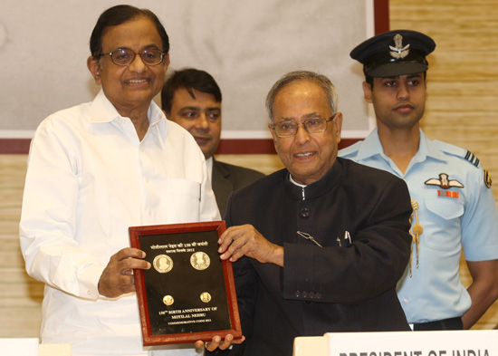 The President of India, Shri Pranab Mukherjee releasing the Commemorative Coins on the Late Shri Motilal Nehru on the special function of his 150th Birth Anniversary in New Delhi on September 25, 2012. Also seen is the Union Minister of Finance, Shri P. C