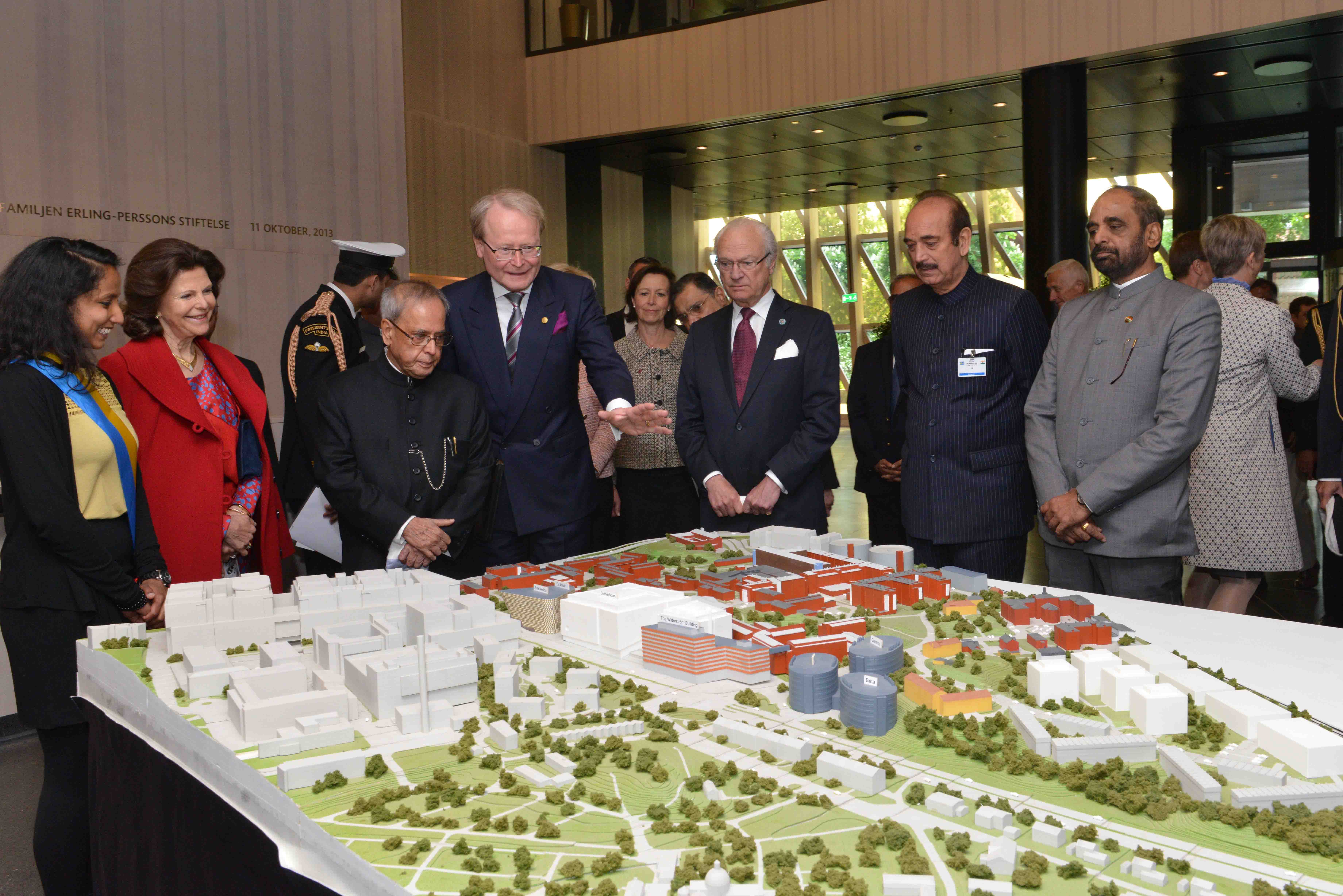 The President of India, Shri Pranab Mukherjee being briefed about Expansion project of Karolinska Institute and its New Hospital during his visit to Karolinska Institute at Stockholm in Sweden on June 2, 2015.