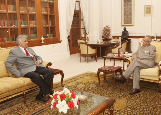 The Leader of the Opposition in Parliament of Sri Lanka, Mr. Ranil Wickremesinghe meeting with the President of India, Shri Pranab Mukherjee at Rashtrapati Bhavan in New Delhi on April 3, 2013.