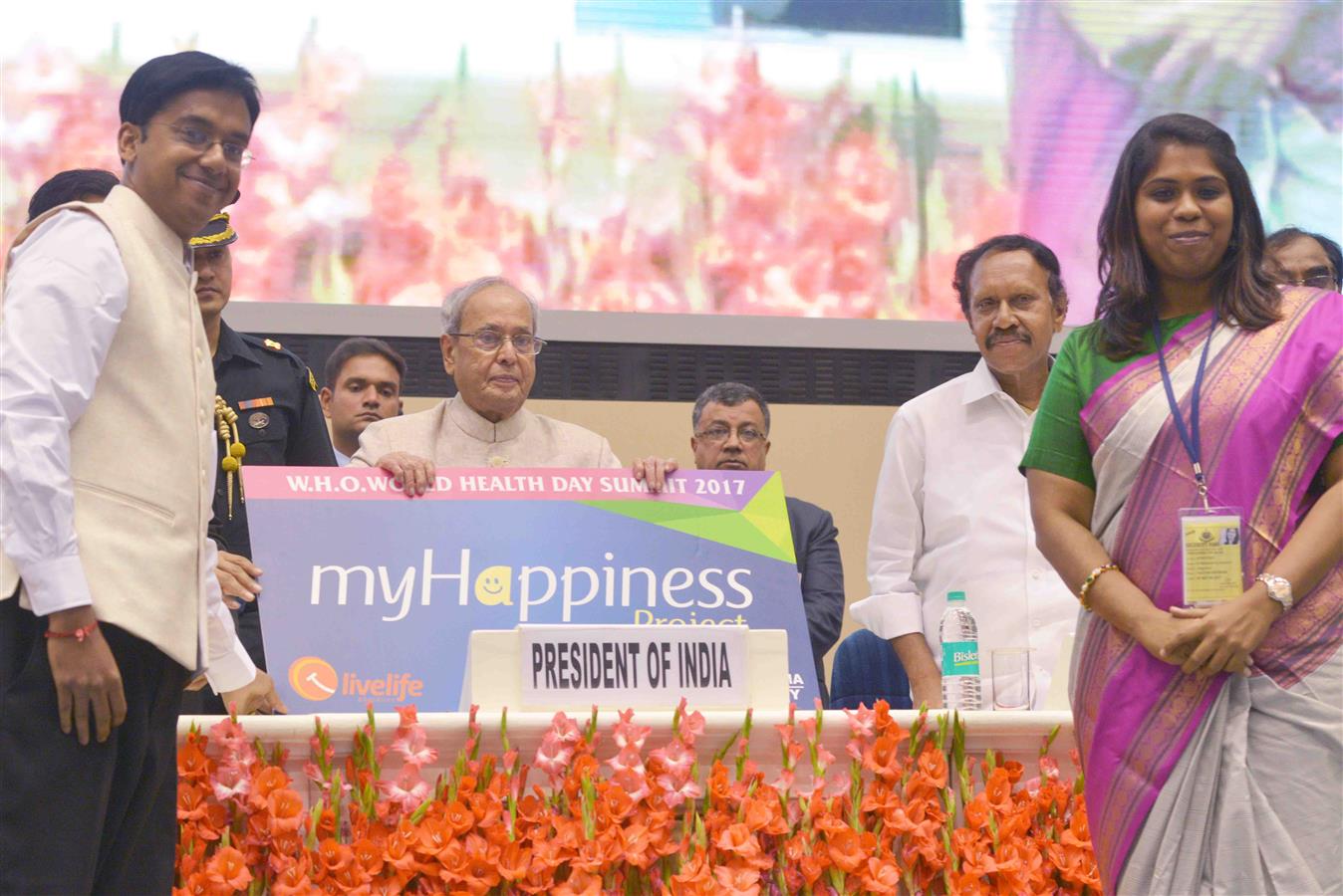 The President of India, Shri Pranab Mukherjee receiving the Launch Board on “Launch of Life Education & Sathyabama University’s My Happiness Project” at the inauguration of the First NIMCARE World Health Day Summit 2017 in New Delhi on April 7, 2017.