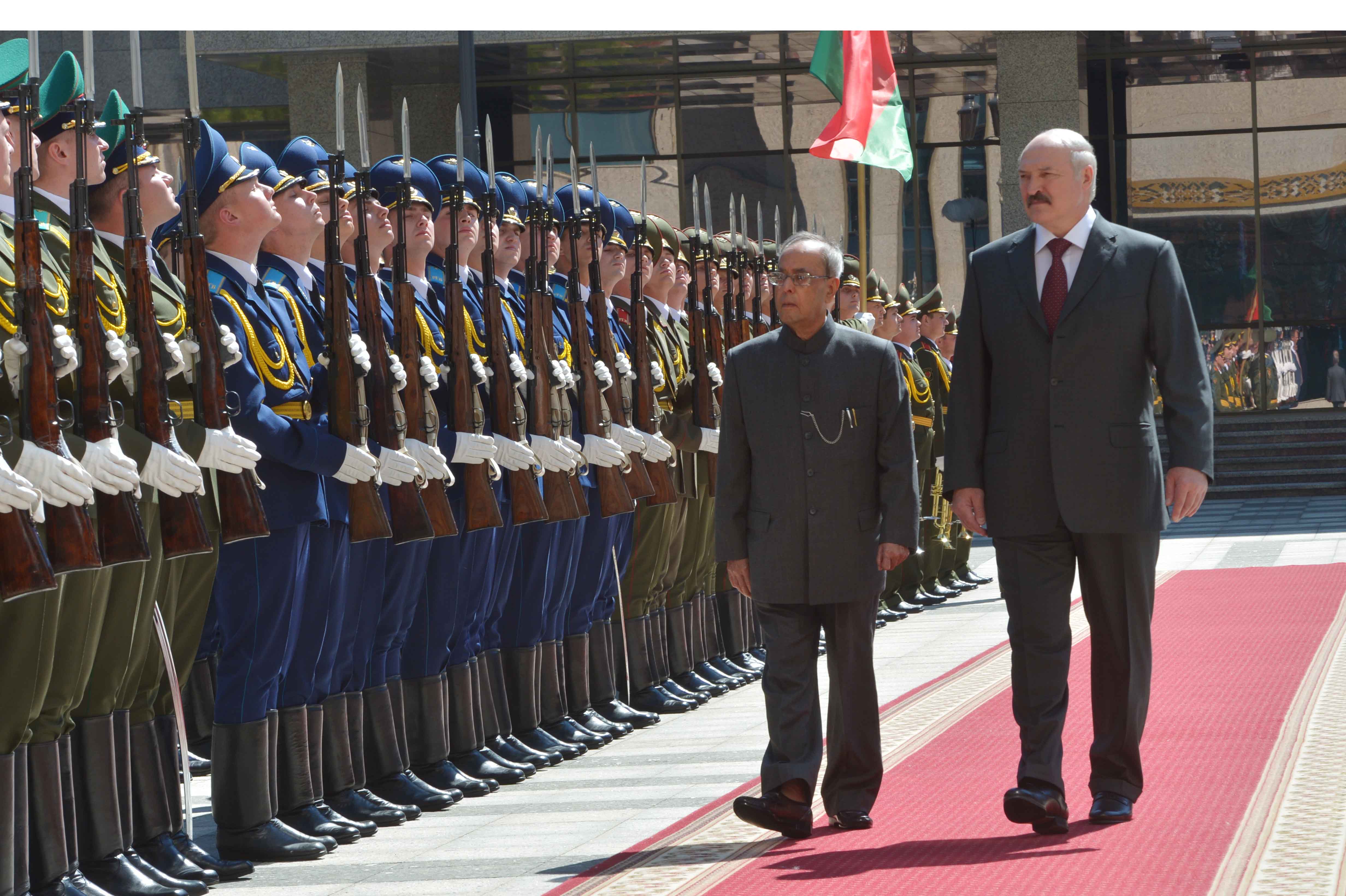 The President of India, Shri Pranab Mukherjee inspecting the Guard of Honour at the ceremonial reception at Palace of Independence at Minsk in Belarus on June 3, 2015. The President of the Republic of Belarus, H.E. Mr. Alexander Lukashenko is also seen.