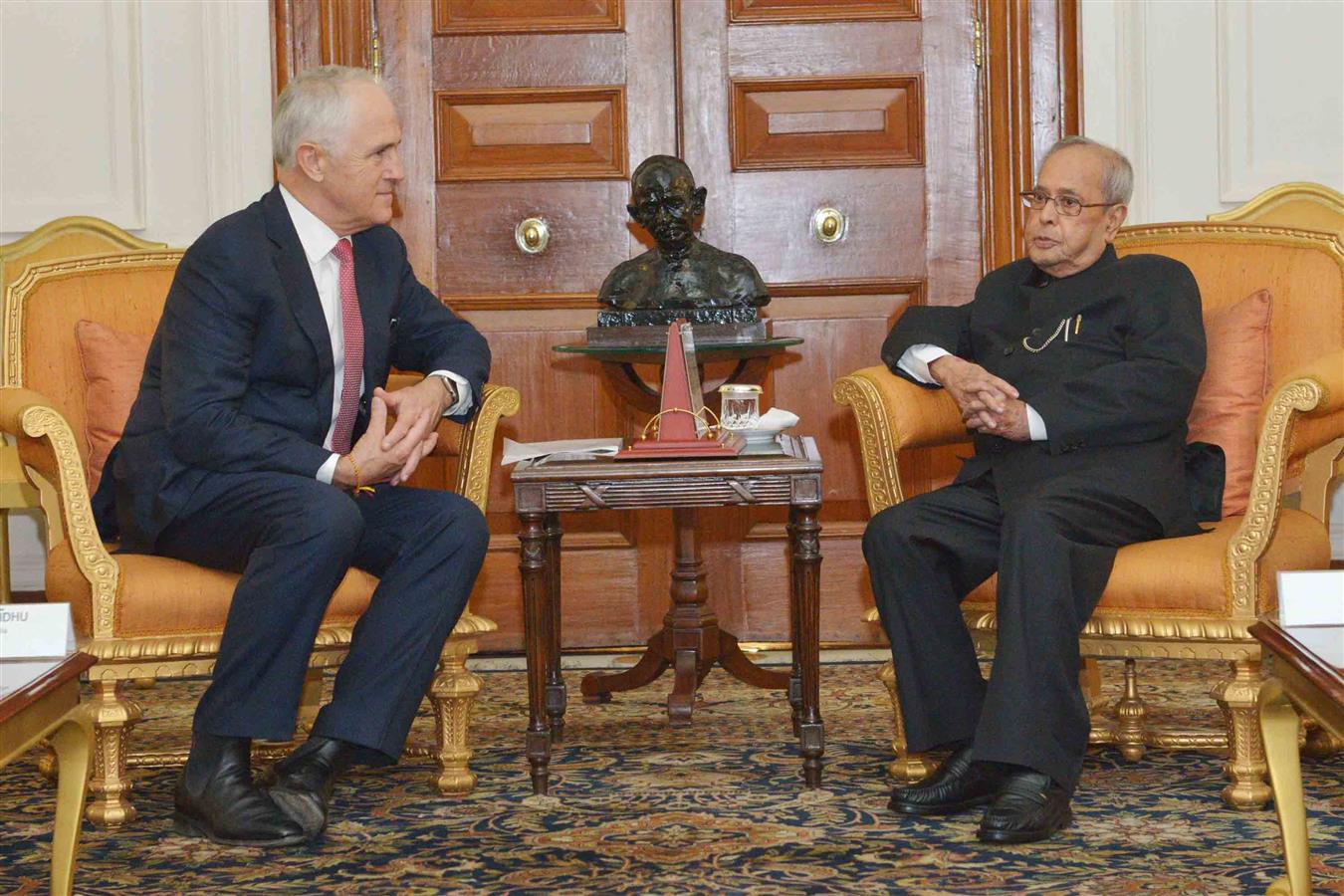 The Prime Minister of Australia, H.E. The Hon. Malcolm Turnbull, MP calling on the President of India, Shri Pranab Mukherjee at Rashtrapati Bhavan on April 10, 2017.