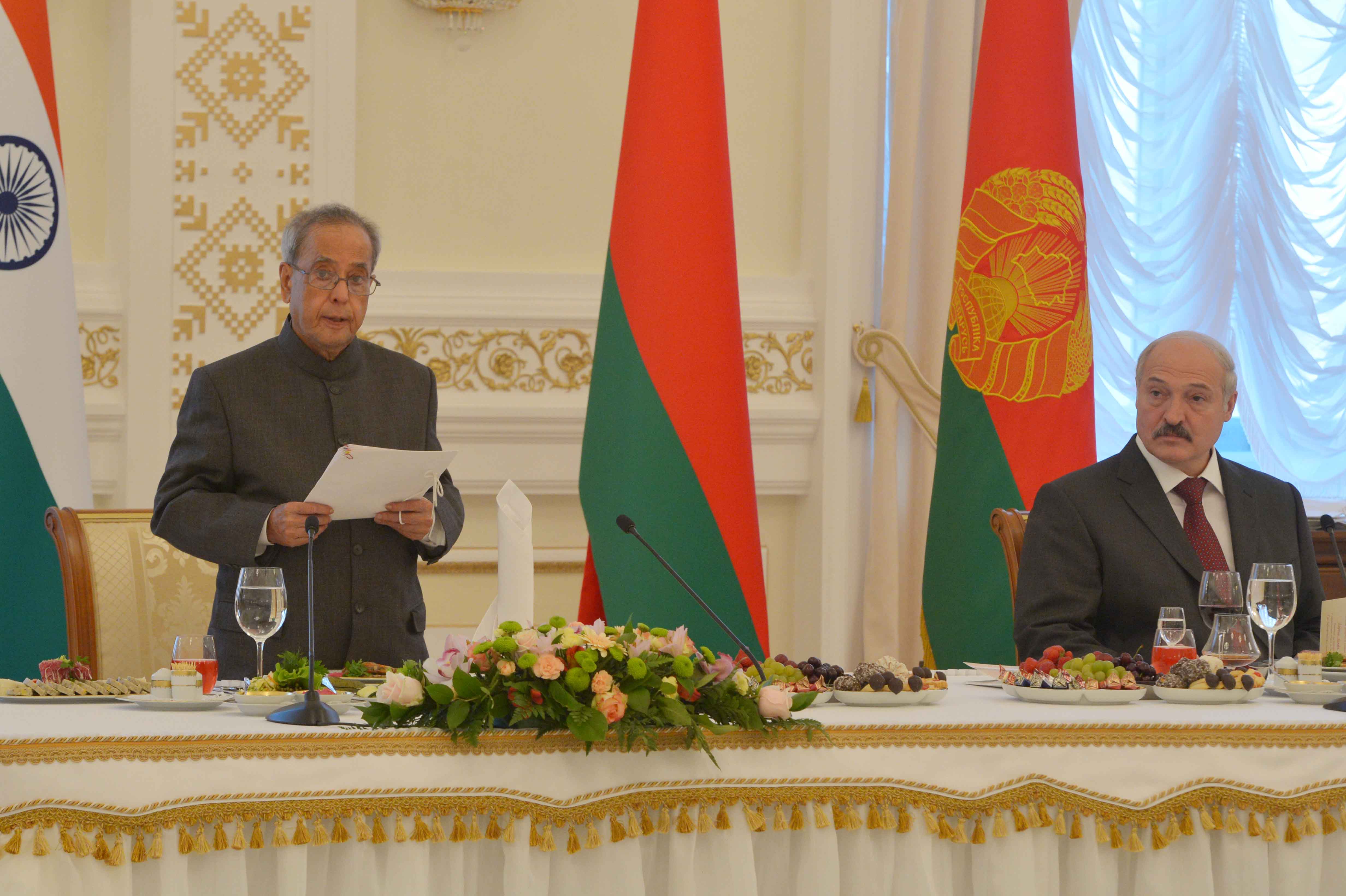 The President, Shri Pranab Mukherjee addressing at the Luncheon Banquet hosted by the President of the Republic of Belarus, H.E. Mr. Alexander Lukashenko at Palace of Independence at Minsk in Belarus on June 3, 2015.