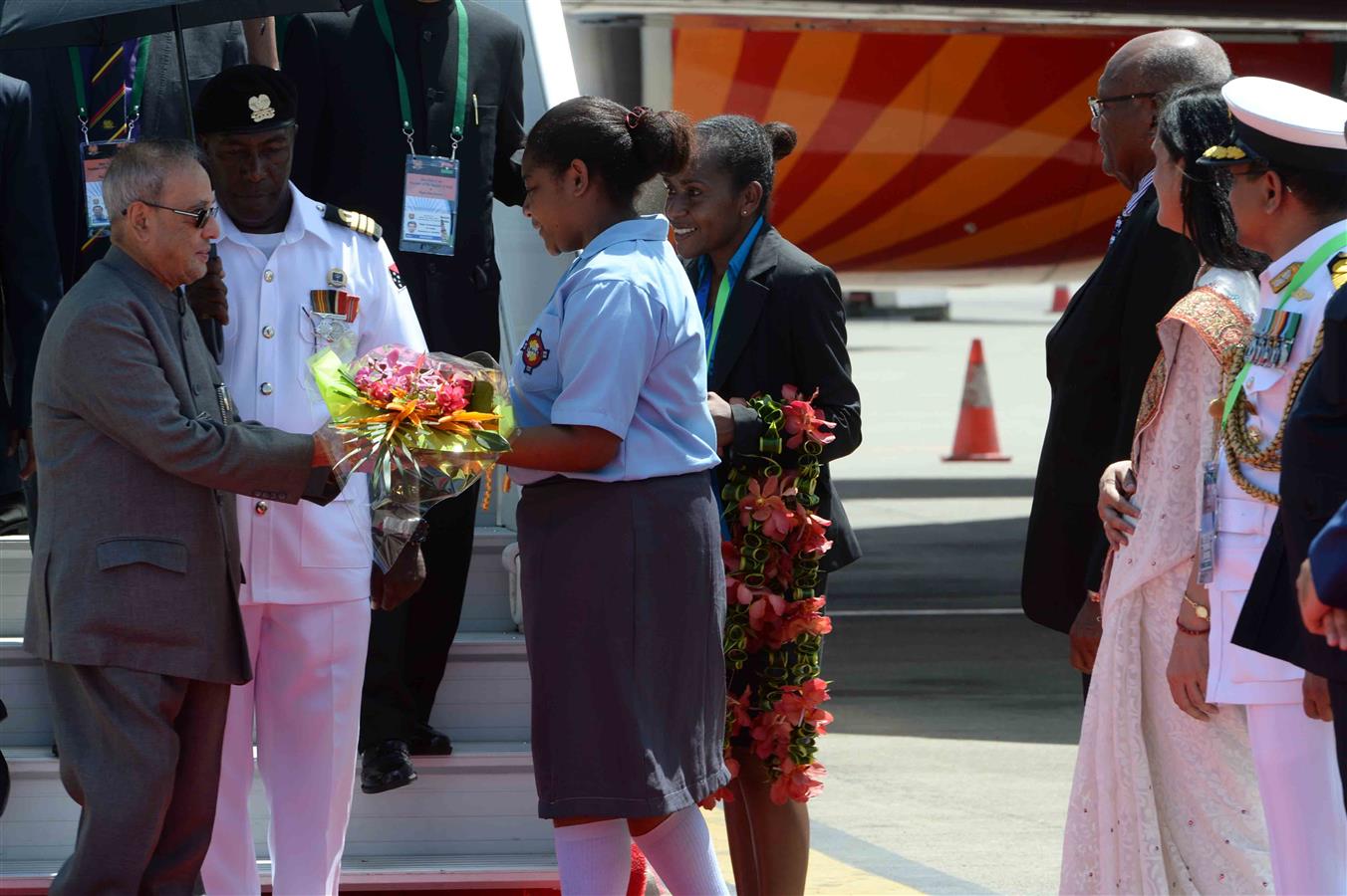 The President of India, Shri Pranab Mukherjee being traditionally welcoming on his arrival at Jackson's International Airport, Port Moresby in Papua New Guinea on April 28, 2016. 