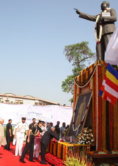 The President of India, Shri Pranab Mukherjee paying floral tributes at the statue of Baba Saheb Dr. B.R. Ambedkar on the occasion of his 122nd Birth Anniversary at the Parliament House Lawns in New Delhi on April 14, 2013.