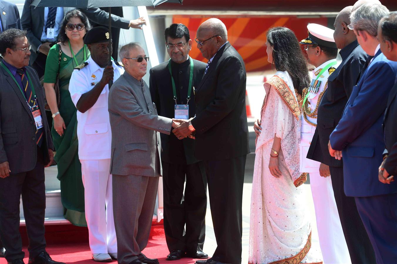 The President of India, Shri Pranab Mukherjee being received by the Deputy Prime Minister of Papua New Guinea, Hon. Leo Dion, MP, GCL, CMG, QPM on his arrival at Jackson's International Airport, Port Moresby in Papua New Guinea on April 28, 2016. 