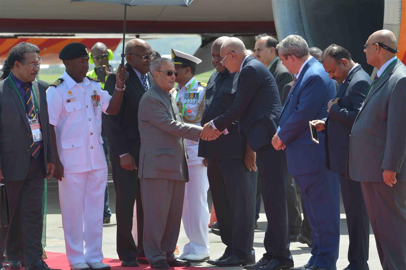 The President of India, Shri Pranab Mukherjee being welcomed by the Government Officials during the Ceremonial Reception on his arrival at Jackson's International Airport, Port Moresby in Papua New Guinea on April 28, 2016. 