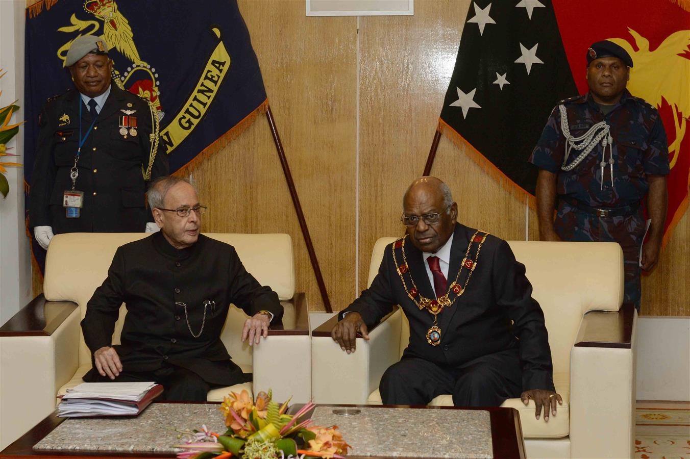 The President of India, Shri Pranab Mukherjee calling on the Governor General of Papua New Guinea, H.E. Grand Chief Sir Michael Ogio, GCL, GCMG, KSt. J. at Government House, Port Moresby in Papua New Guinea on April 28, 2016. 