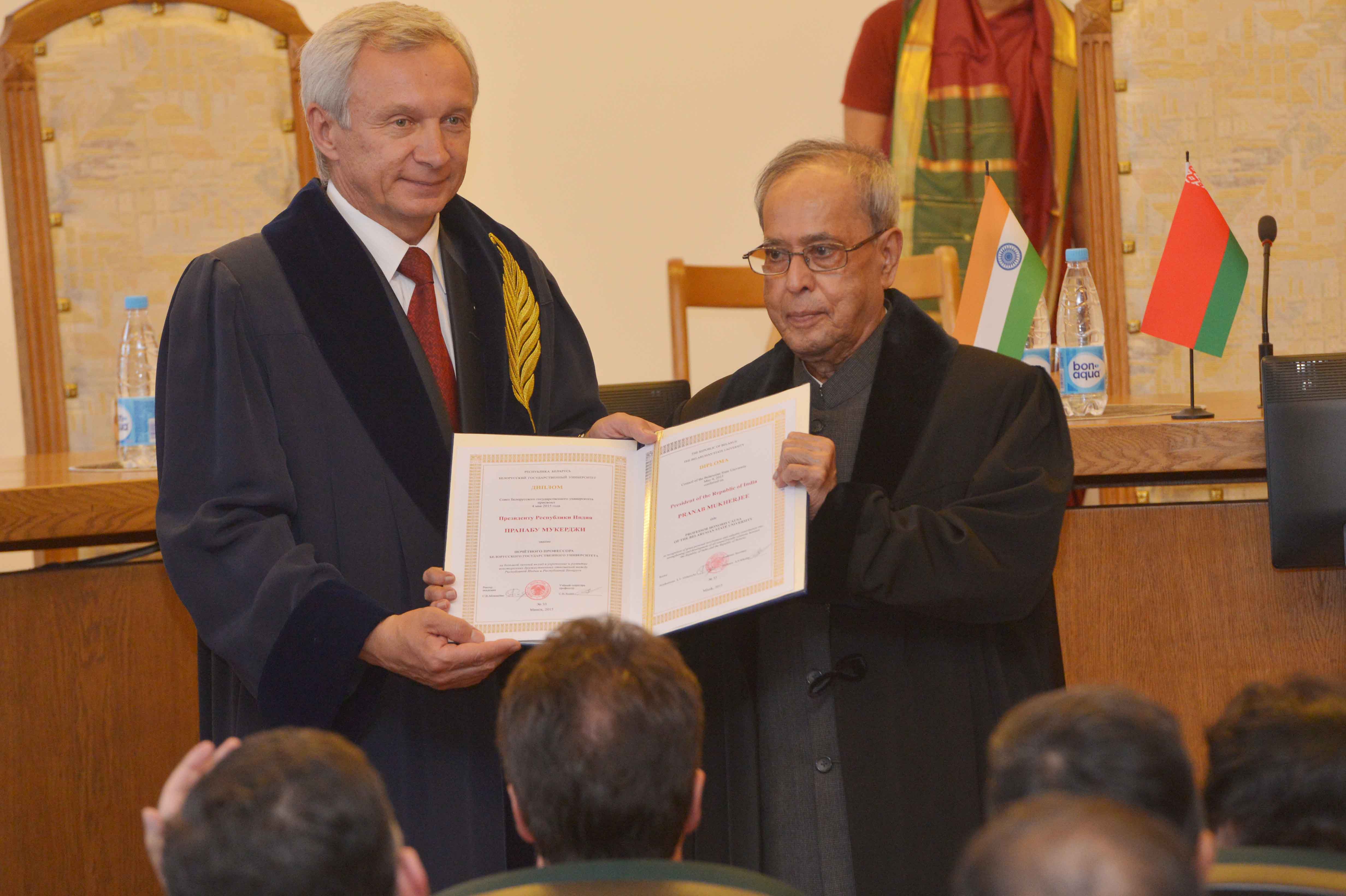 The President of India, Shri Pranab Mukherjee being conferred the Professor Honoris Causa by the Rector of Belarusian State University, Prof. Sergey V. Ablameyko at Belarusian State University at Minsk in Belarus on June 03, 2015.