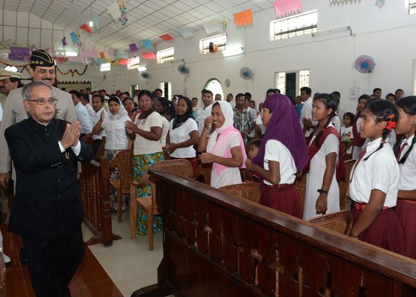 The President of India, Shri Pranab Mukherjee, visiting Mus Cathedral Church at Car Nicobar in Andaman and Nicobar January 13, 2014. Also seen is the Lt. Governor of Andaman and Nicobar Islands, Lt. General (Retd) A.K. Singh. 