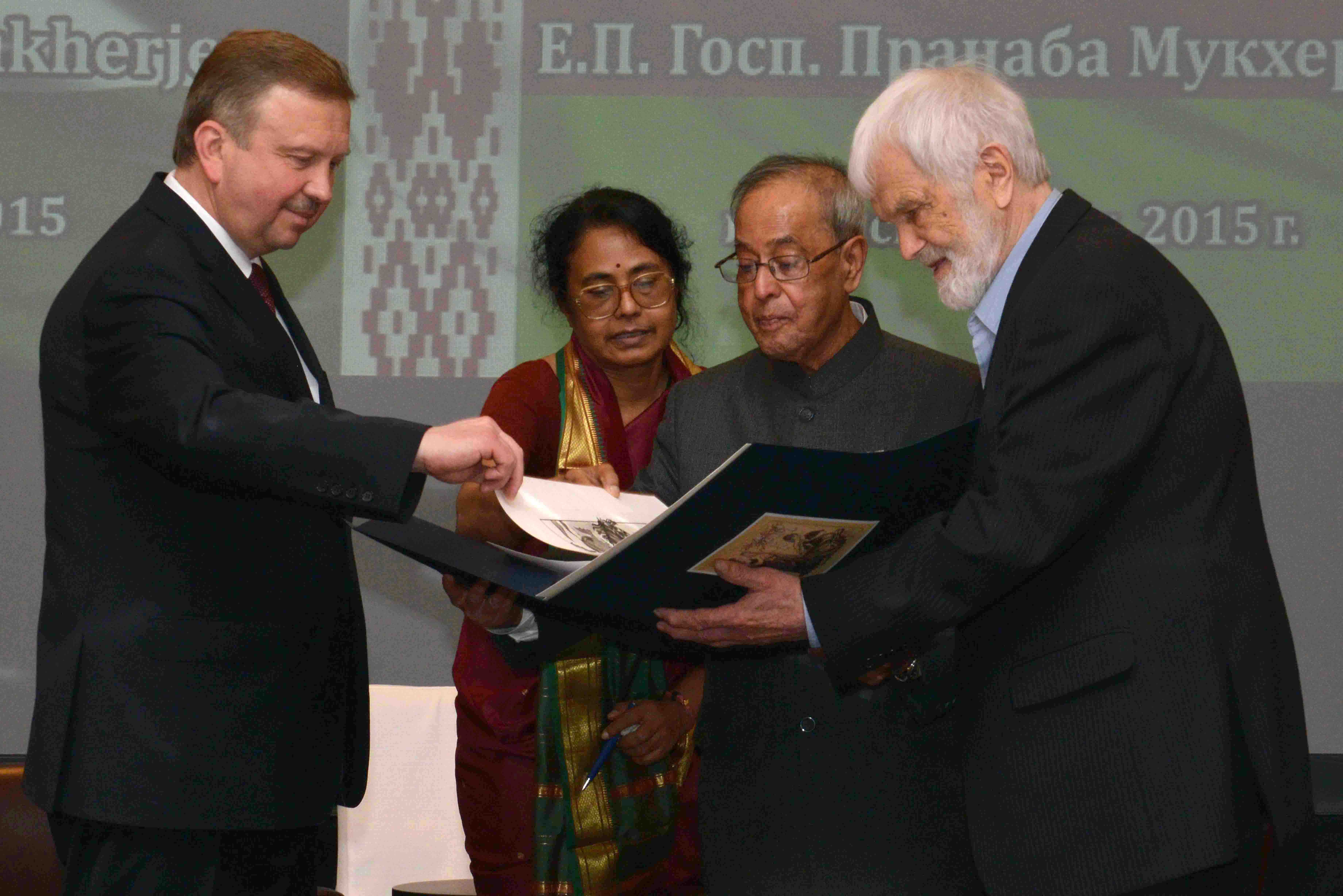 The President of India, Shri Pranab Mukherjee during the Reception Hosted by the Ambassador of India, Shri Manoj K. Bharti at Hotel Renaissance at Minsk in Belarus on June 3, 2015.