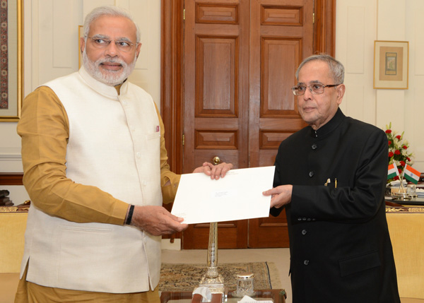 The President of India, Shri Pranab Mukherjee with the leader of the BJP Parliamentary Party, Shri Narendra Modi at Rashtrapati Bhavan in New Delhi on May 20, 2014 when the President invited Shri Narendra Modi to form the next government. 