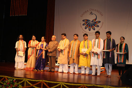 The President of India, Shri Pranab Mukherjee with Hindustani Classical Vocalists, Shri Bhuvanesh Komkali and Carnatic Vocalists, Ms Aruna Sairam along with accompanying artists after witnessing the Special Performance Prior to the Inauguration of the 11t