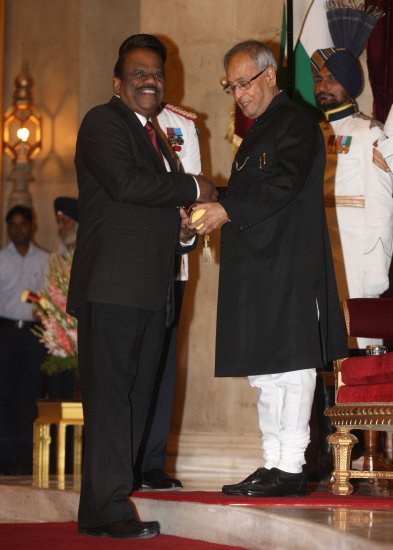 The President of India, Shri Pranab Mukherjee conferring the Padma Bhushan on Dr. Apathukatha Sivathanu Pillai at the Darbar Hall of Rashtrapati Bhavan in New Delhi on April 20, 2013