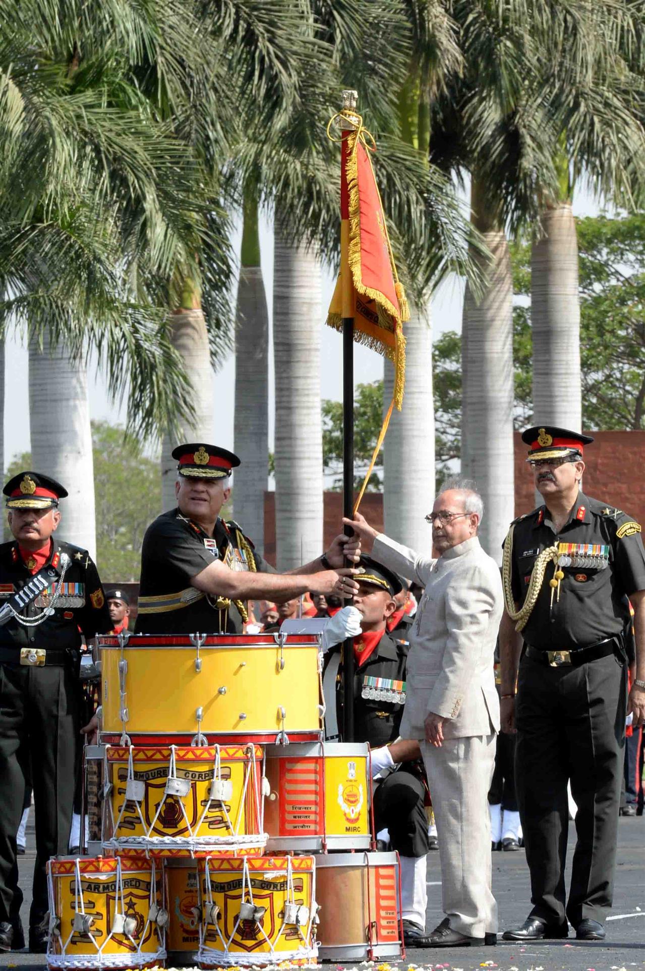 The President of India, Shri Pranab Mukherjee awarded Standards to Armoured Corps Centre and School Ahmednagar at Ahmednagar on April 15, 2017.