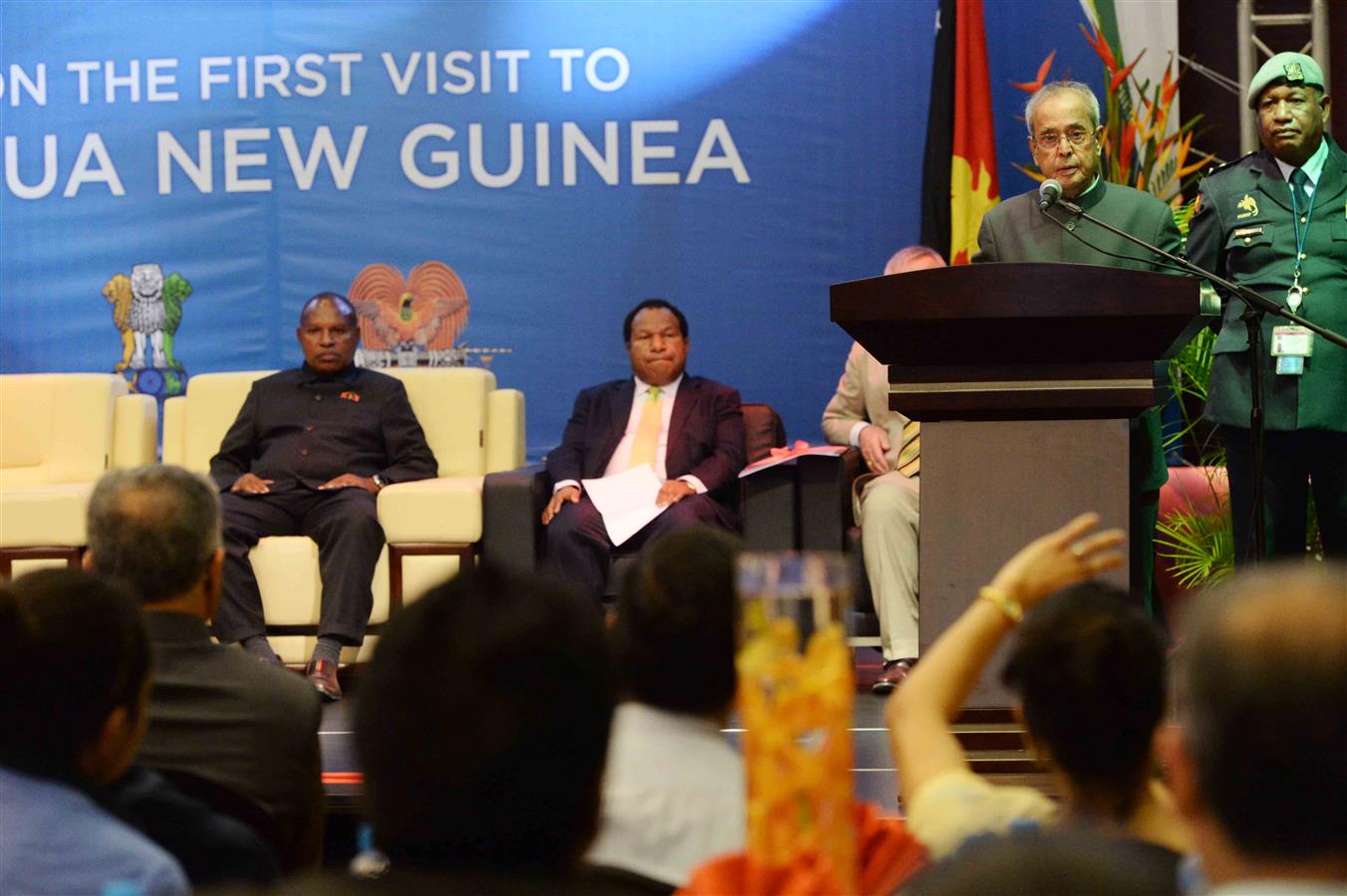 The President of India, Shri Pranab Mukherjee addressing the Business gathering at International Convention Centre at Port Moresby in Papua New Guinea on April 29, 2016. 