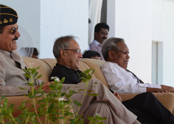 The President of India, Shri Pranab Mukherjee, during Interaction with Tribal Council Members at Passa Beach at Car Nicobar in Andaman and Nicobar January 13, 2014. Also seen is the Lt. Governor of Andaman and Nicobar Islands, Lt. General (Retd) A.K. Sing 