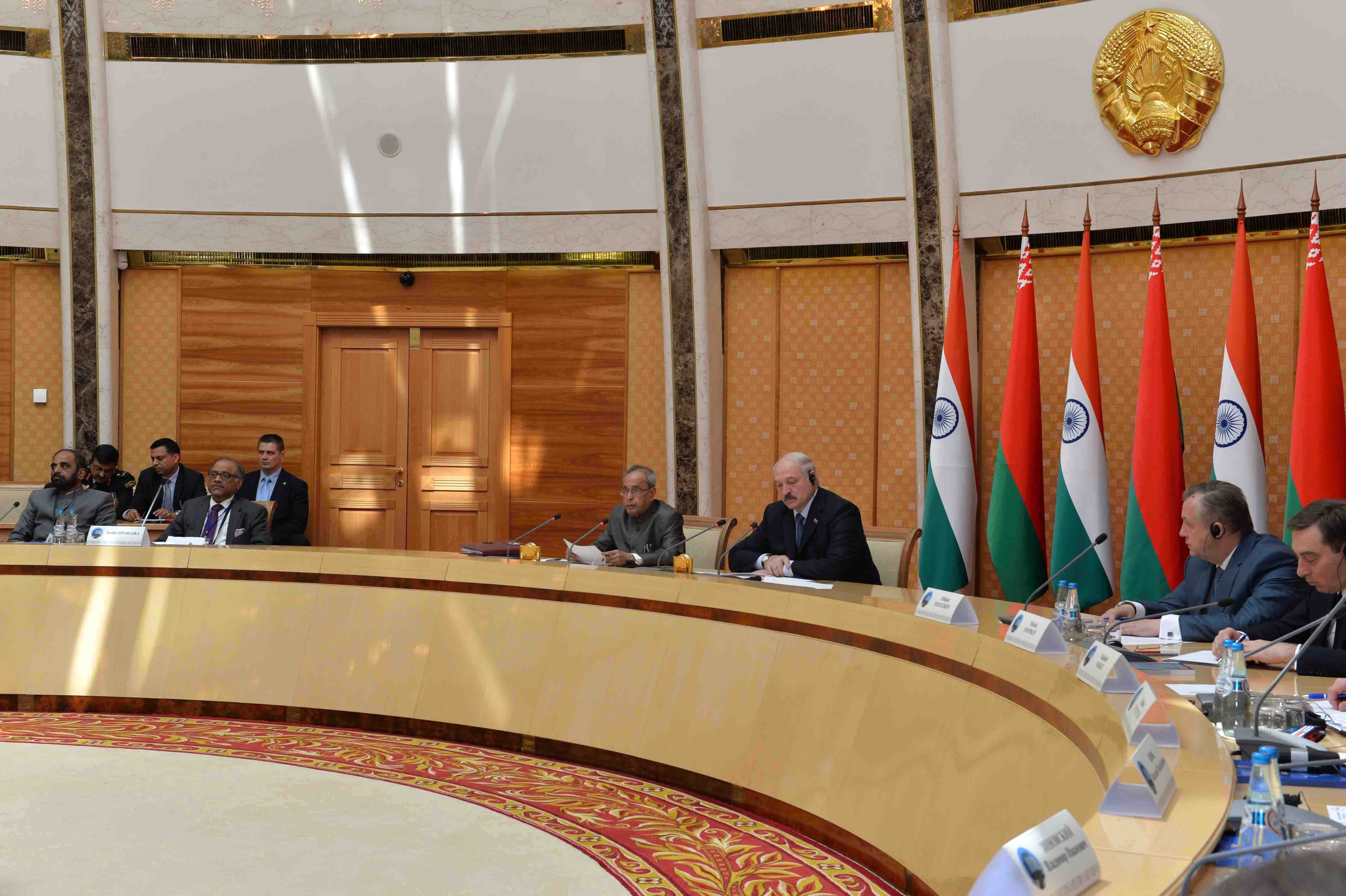 The President of India, Shri Pranab Mukherjee addressing at the Business meeting at National Library at Minsk in Belarus on June 4, 2015.