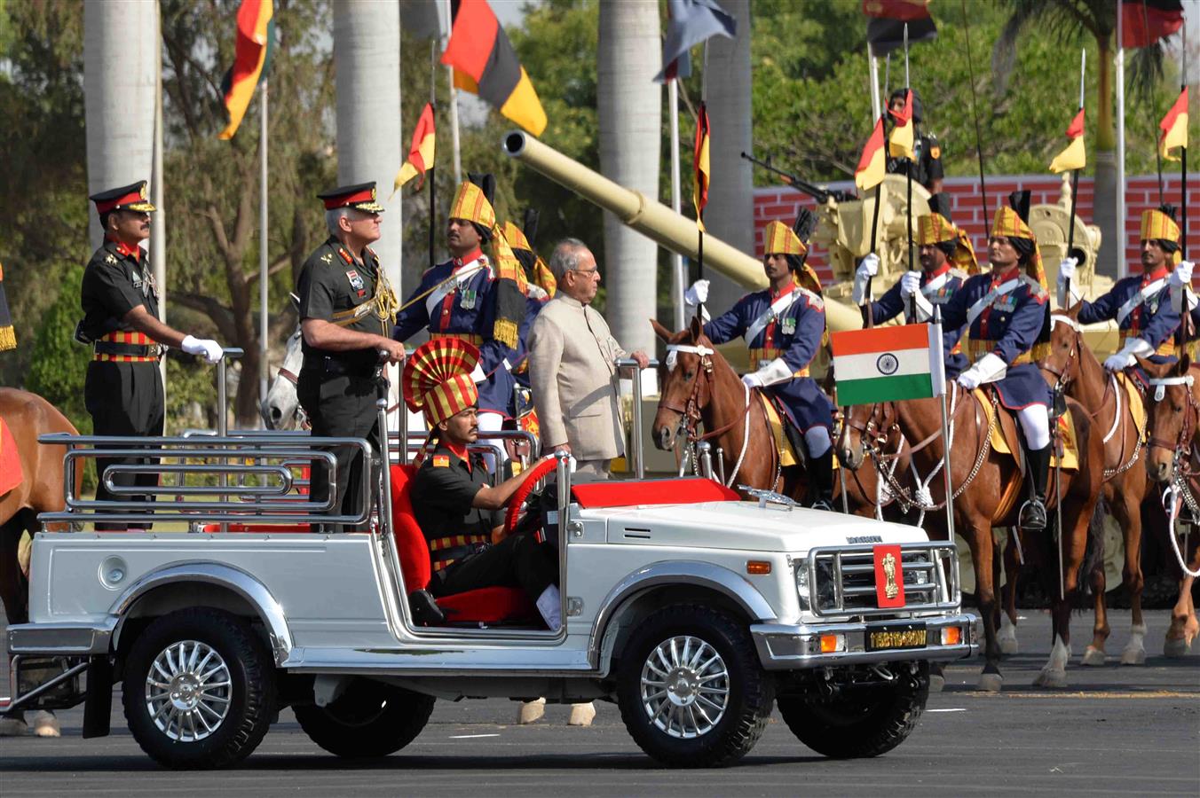 The President of India, Shri Pranab Mukherjee inspecting the parade at the awarded Standards to Armoured Corps Centre and School Ahmednagar at Ahmednagar on April 15, 2017.