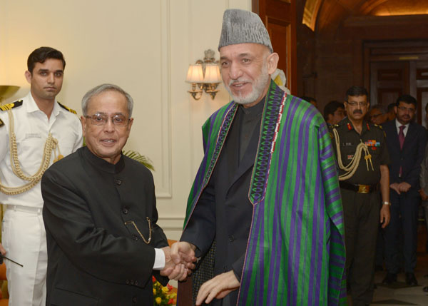 The President of the Islamic Republic of Afghanistan, His Excellency Mr. Hamid Karzai calling on the President of India, Shri Pranab Mukherjee at Rashtrapati Bhavan in New Delhi on May 27, 2014. 