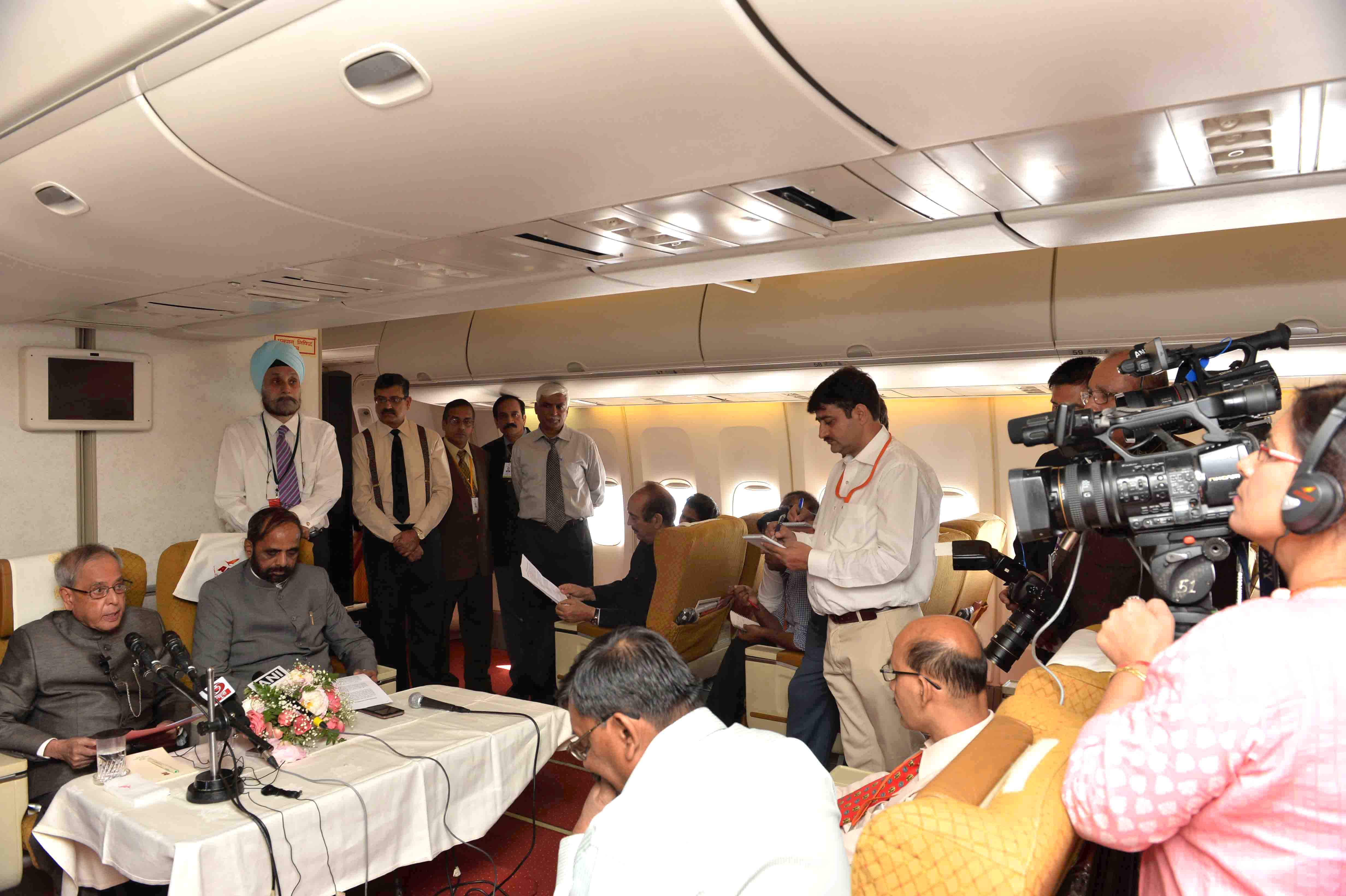 The President of India, Shri Pranab Mukherjee interacting with members of the media on June 4, 2015 on board Air India special aircraft, on his way back to India at the conclusion of his State Visits to Sweden and the Republic of Belarus.